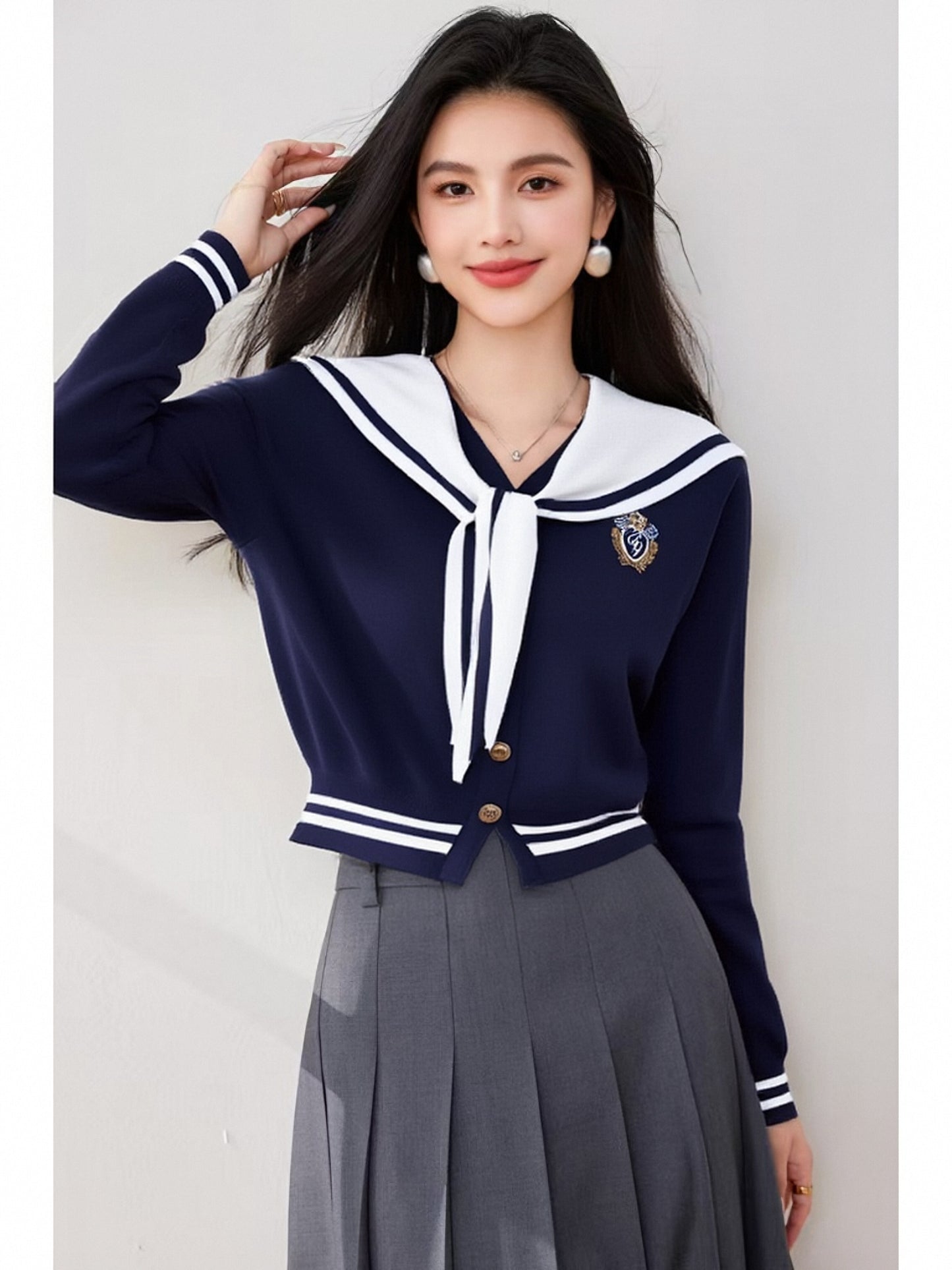 Women's Sailor Collar Long Sleeve Stripe Cardigan Sweater