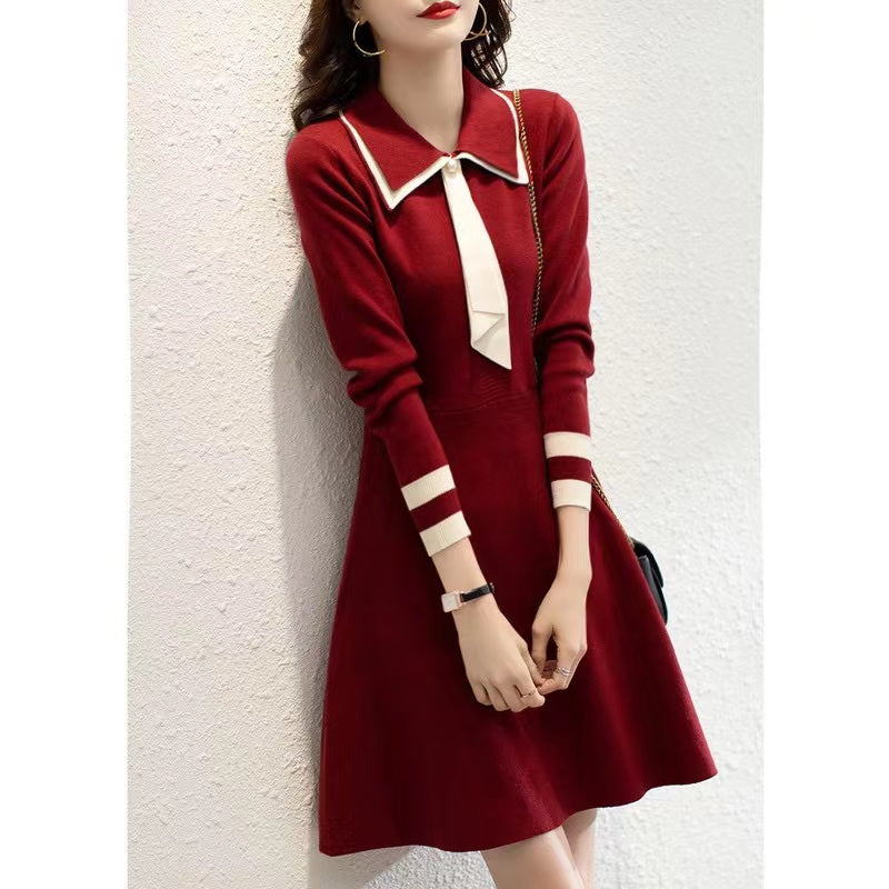 Women's Tie Contrasting Color Collar Knit Sweater Dress