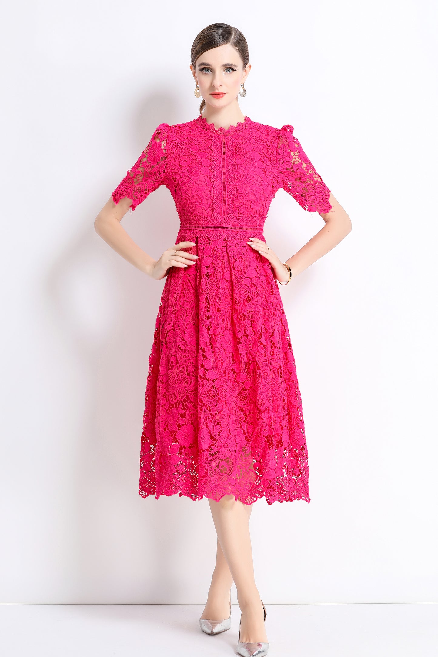 Women's Lace Floral Crochet Waist Midi Dress