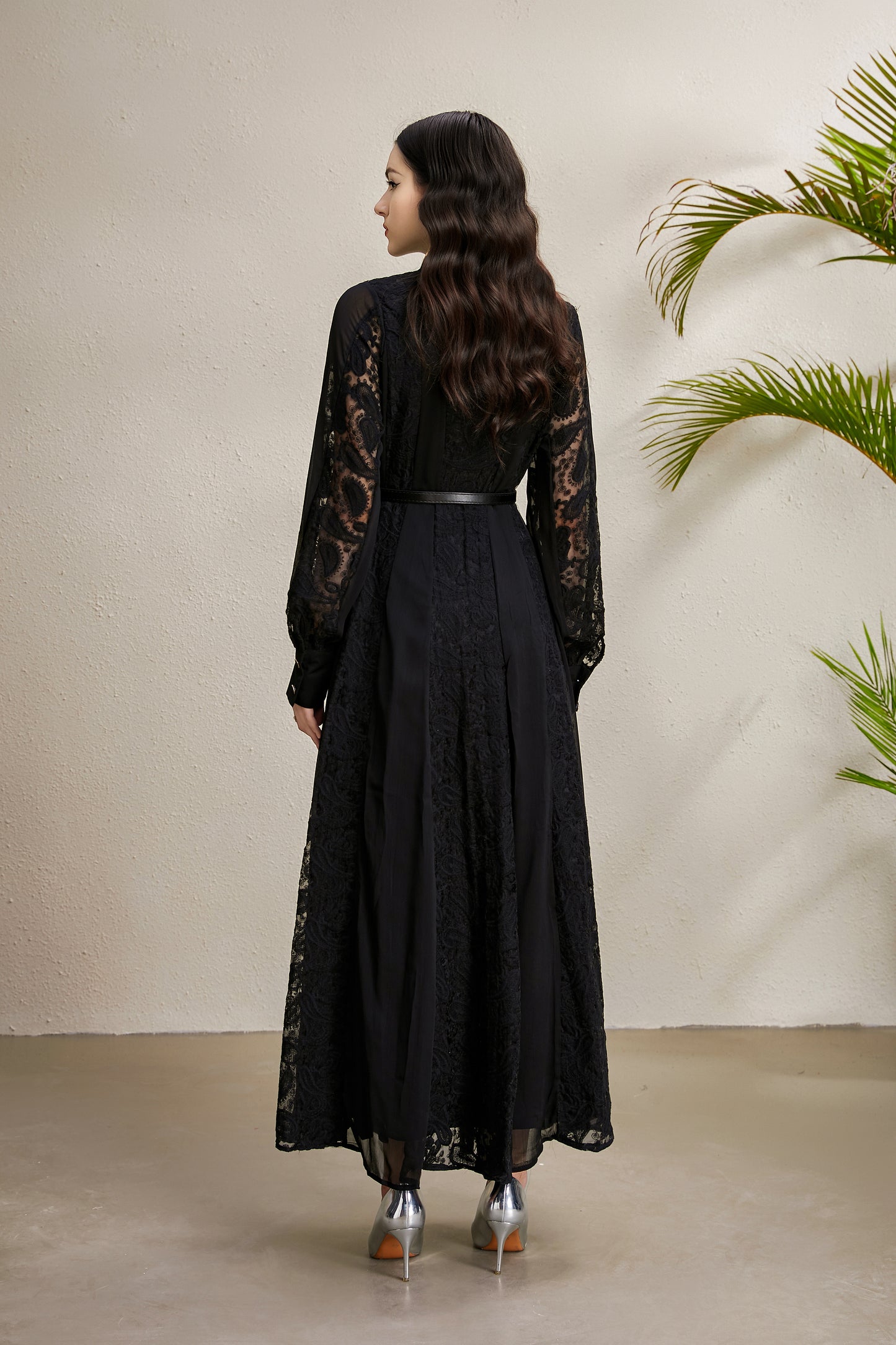 Women's Floral Print Lace Puff Sleeve Maxi Dress