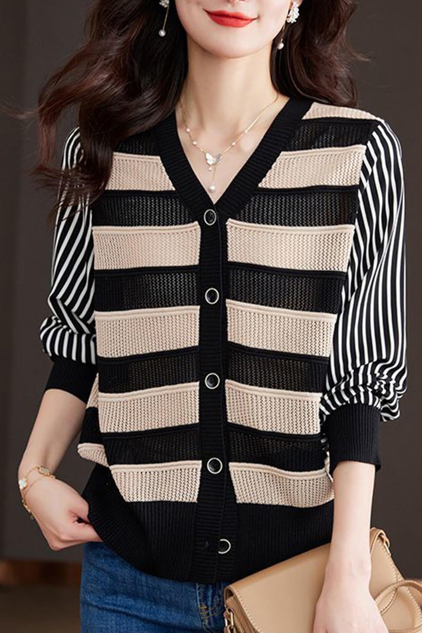 BK-Striped Cardigan Button Fashion Casual Tops - LAI MENG FIVE CATS