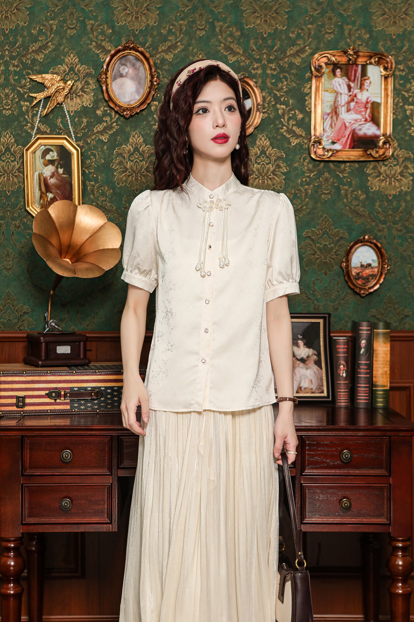 Women's Silk Satin Embroidery Jacquard Blouse Tops