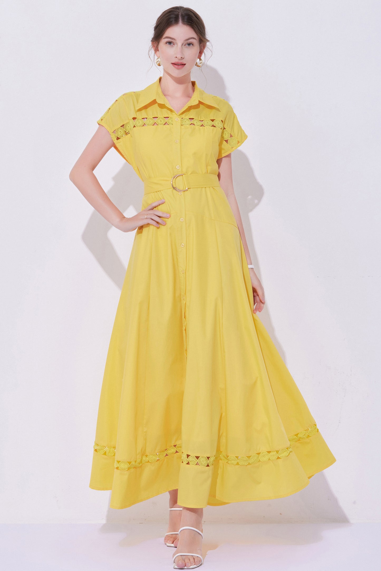 Women's Collar Hollow Cap Sleeve Maxi Dress