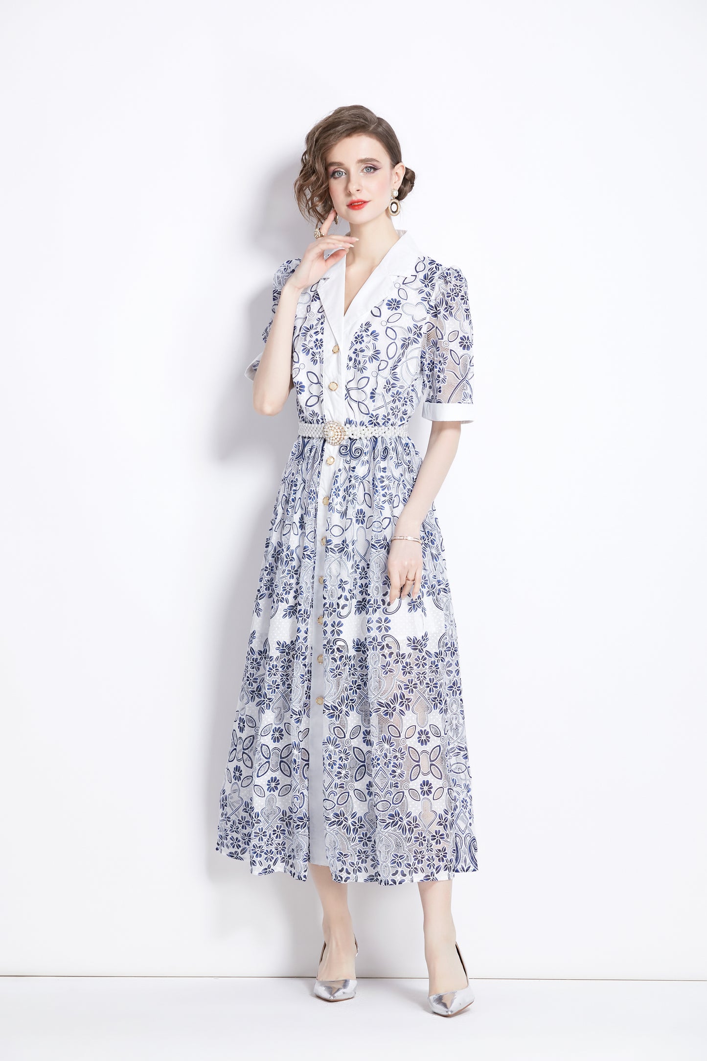 Women's Mesh Embroidery V-Neck Lace Maxi Dress