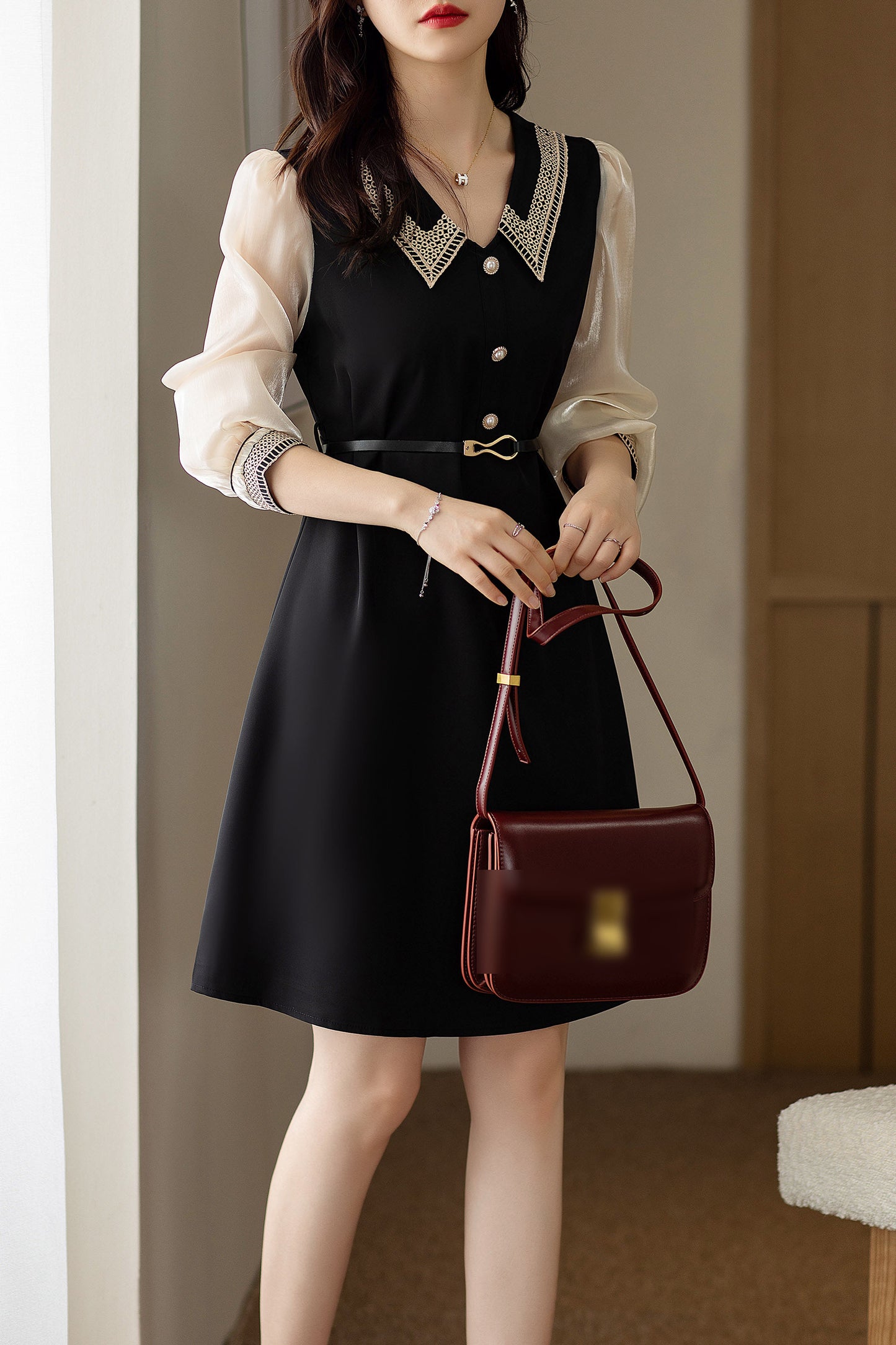 Women's Retro Elegant V-Neck Casual Mini Black Dress - LAI MENG FIVE CATS