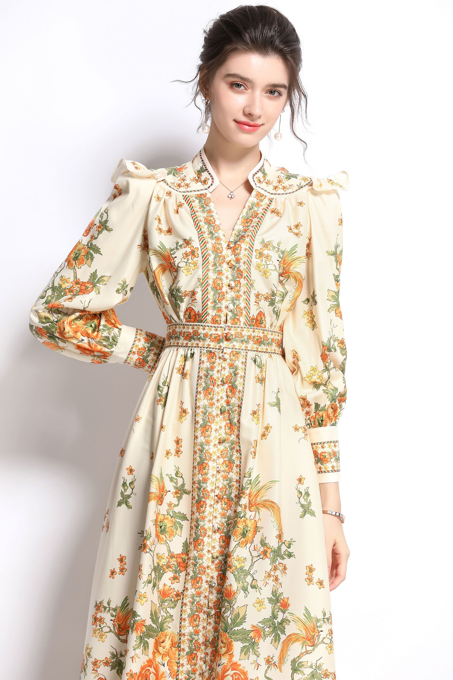 Women's Vintage Floral Print V Neck Button Front Maxi Dress - LAI MENG FIVE CATS