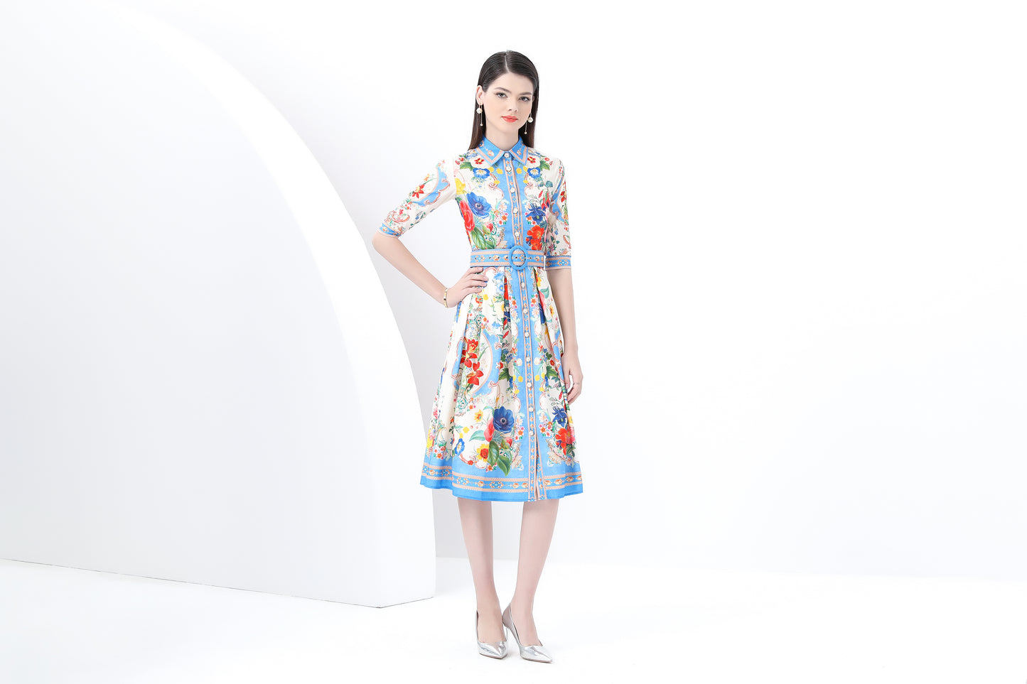 Women's Print Button Collar Short Sleeve Midi Dress
