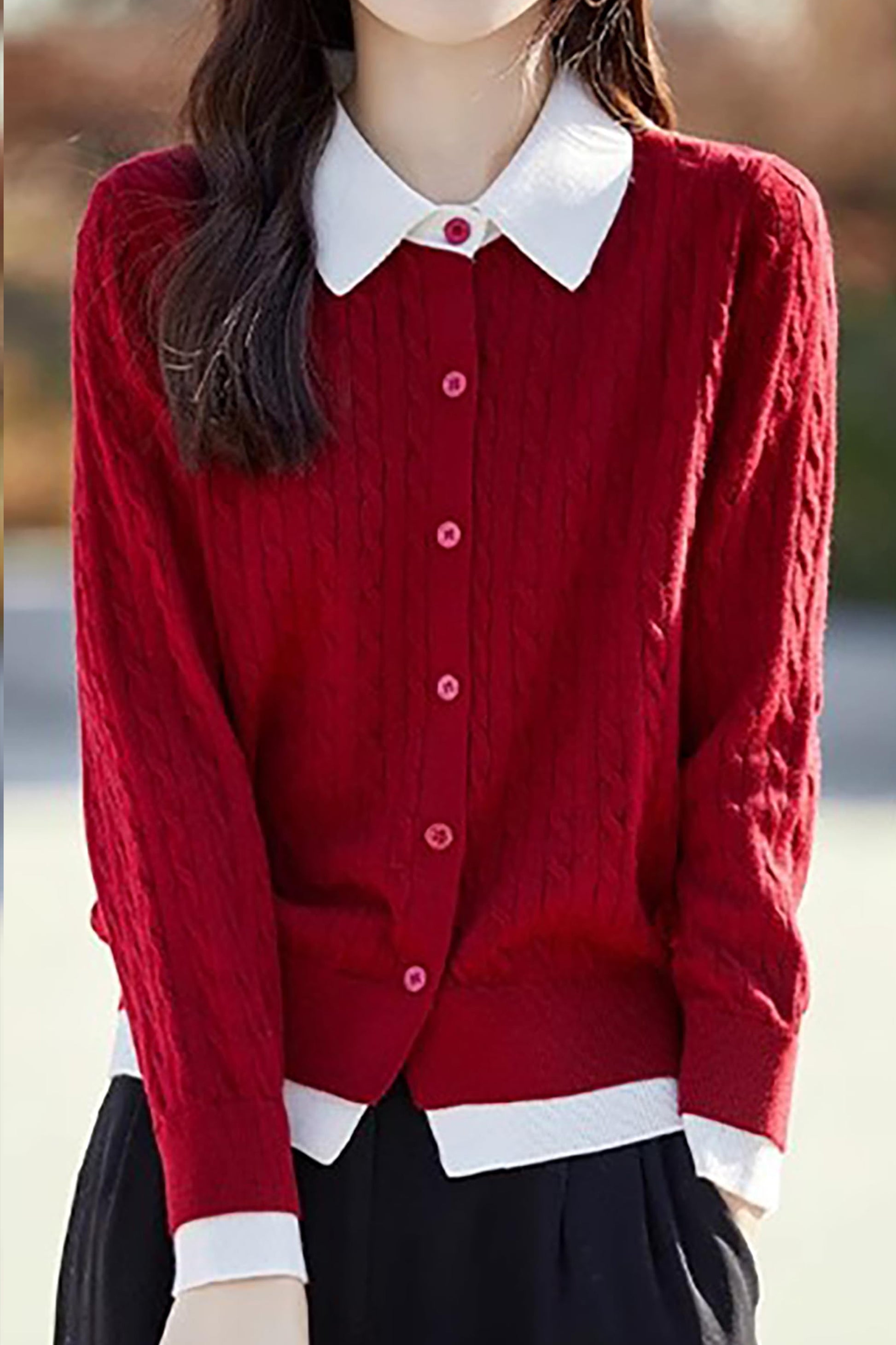 Knit Button Patchwork Pullover Fall Outfits - LAI MENG FIVE CATS