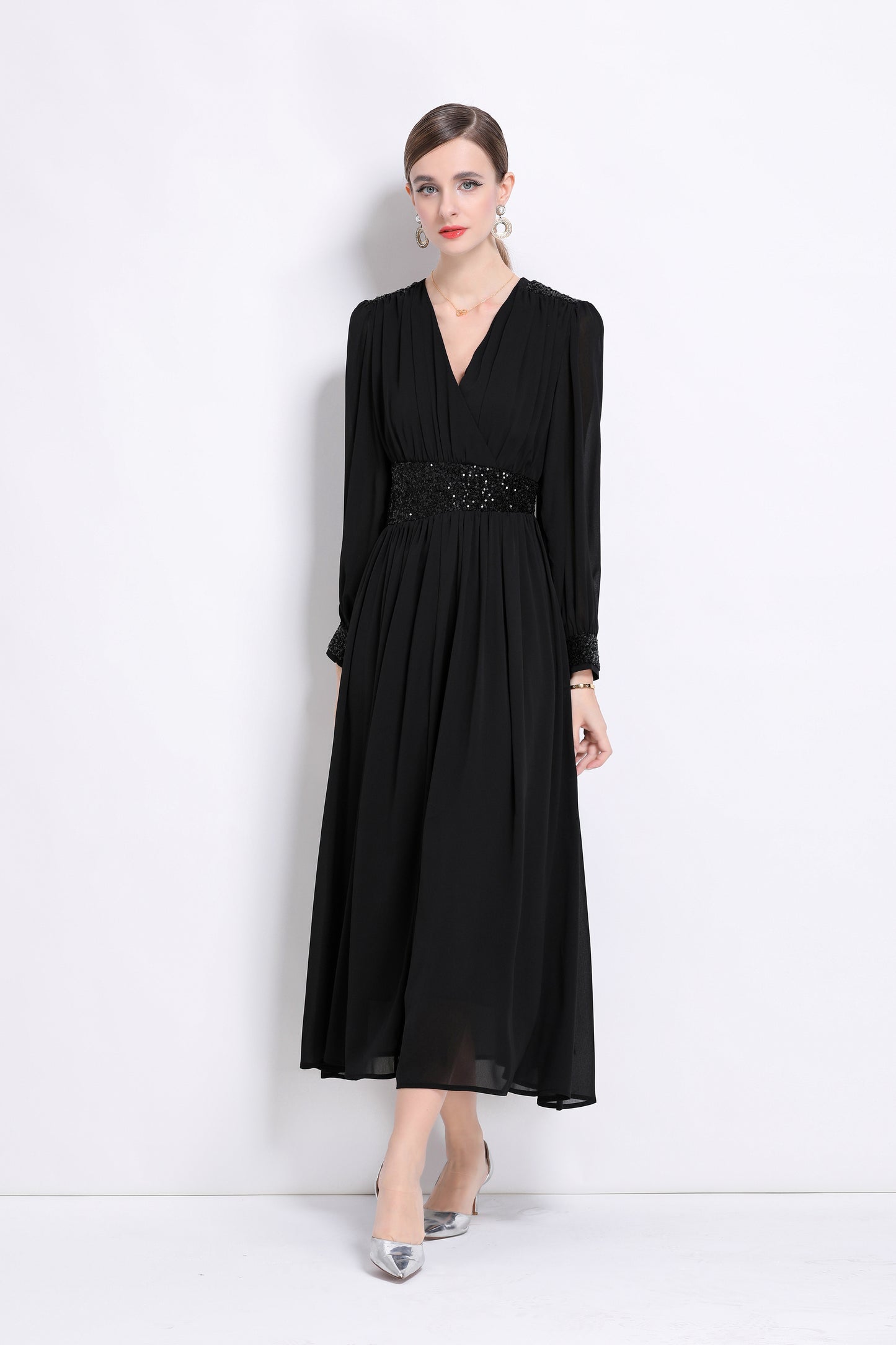 Women's Sequin V-Neck Chiffon Mixi Dresses