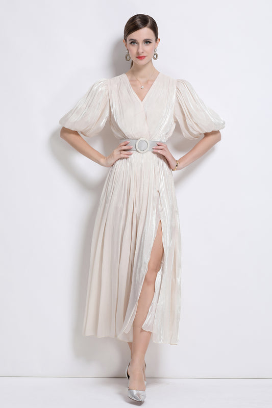 Women V-Neck Puff Sleeve Side Split Maxi Dress