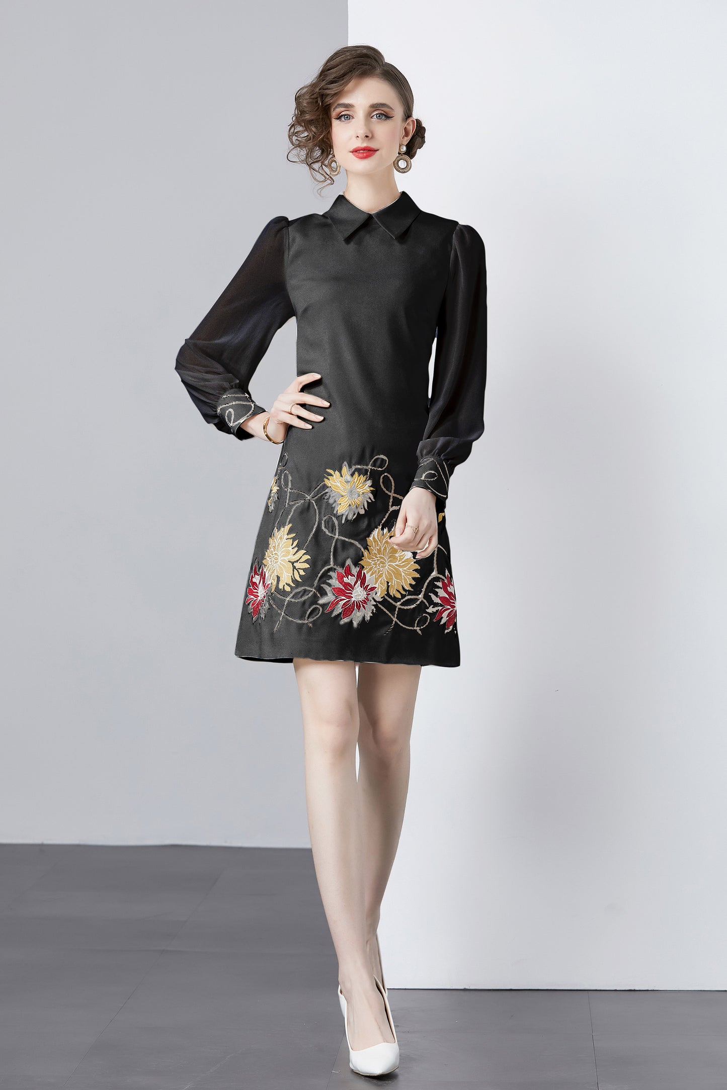 Vintage Women's Elegant Embroidered Hight Neck Mini Dress - LAI MENG FIVE CATS