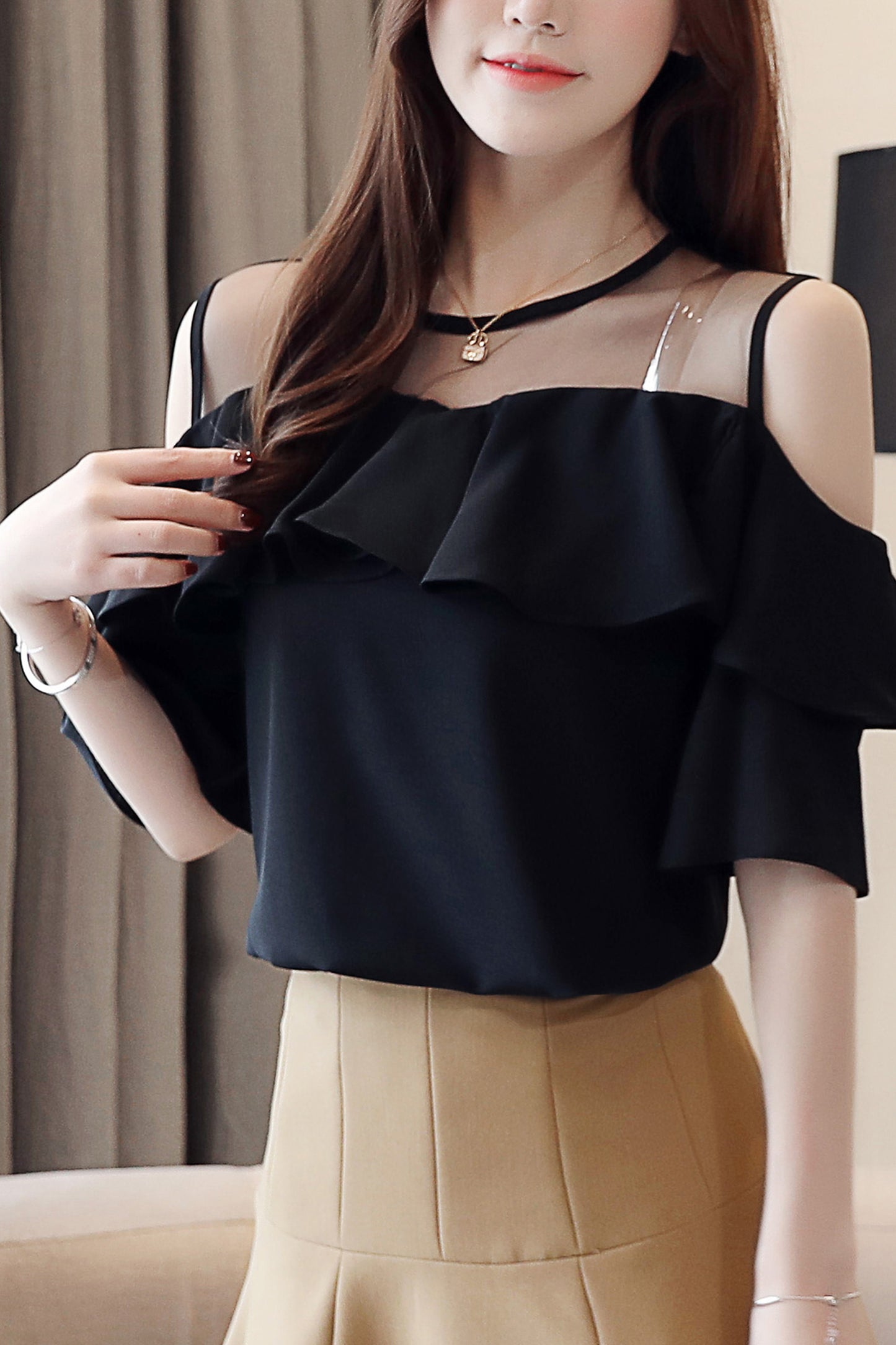 Women's Chiffon Ruffle Off Shoulder Mesh Blouse Top