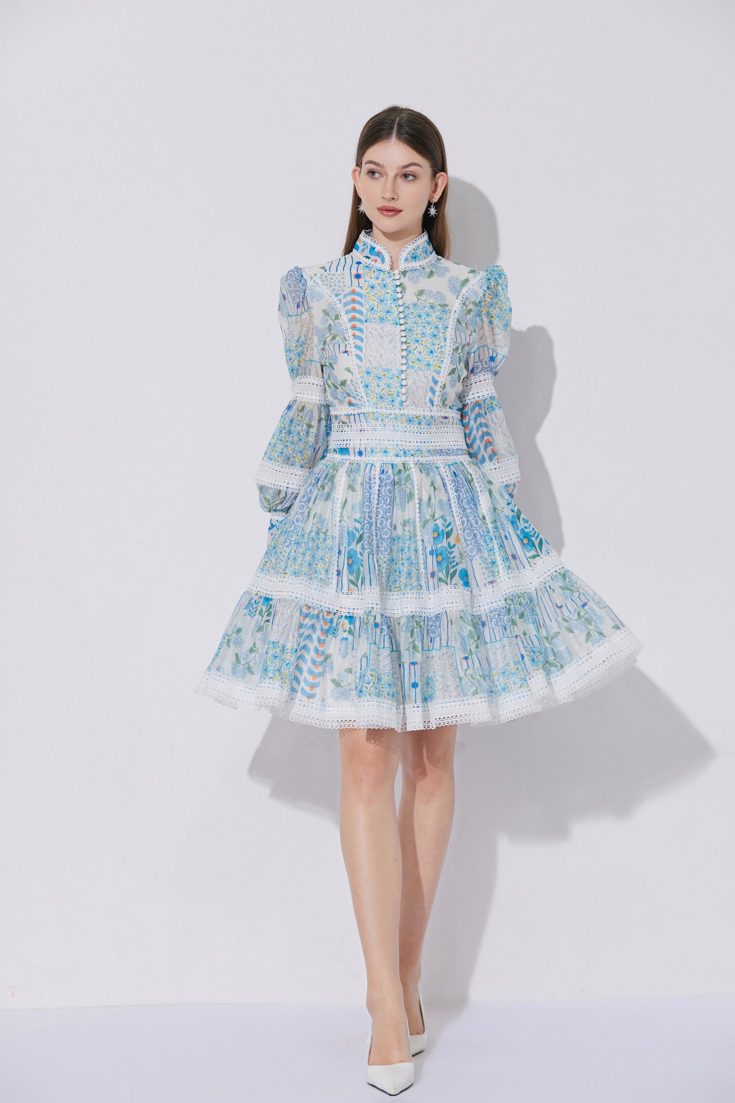 Women's Puff Sleeves Hollow Mesh Mini Dress