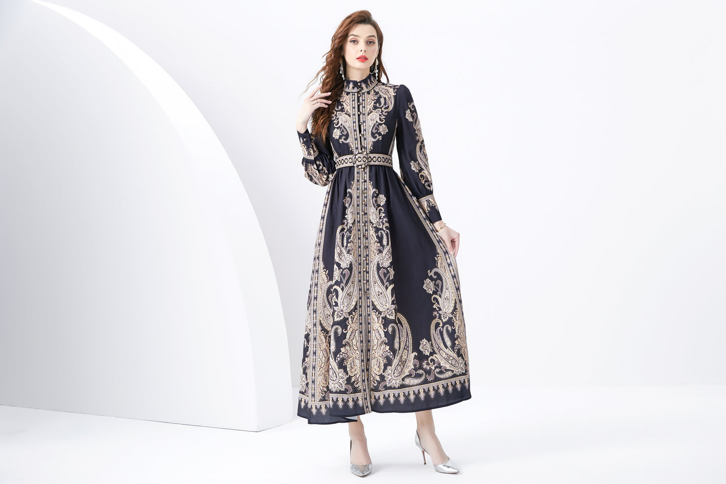 Women Vintage Floral Print Button Up Split Maxi Dress