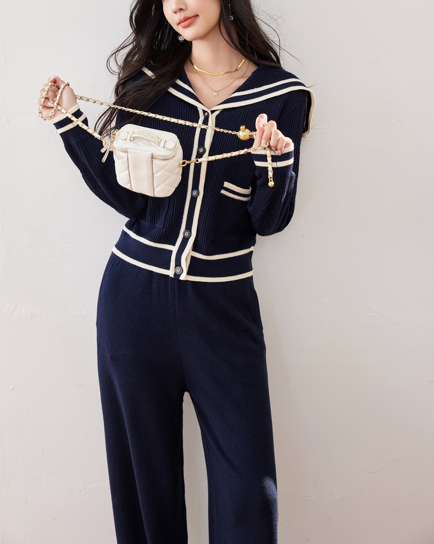 Women's Sailor Collar V-Neck Stripe Button Knit Top