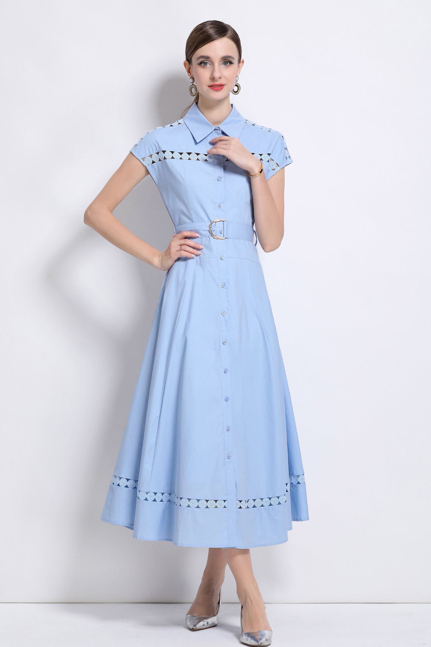 Women's Collar Hollow Cap Sleeve Midi Dress