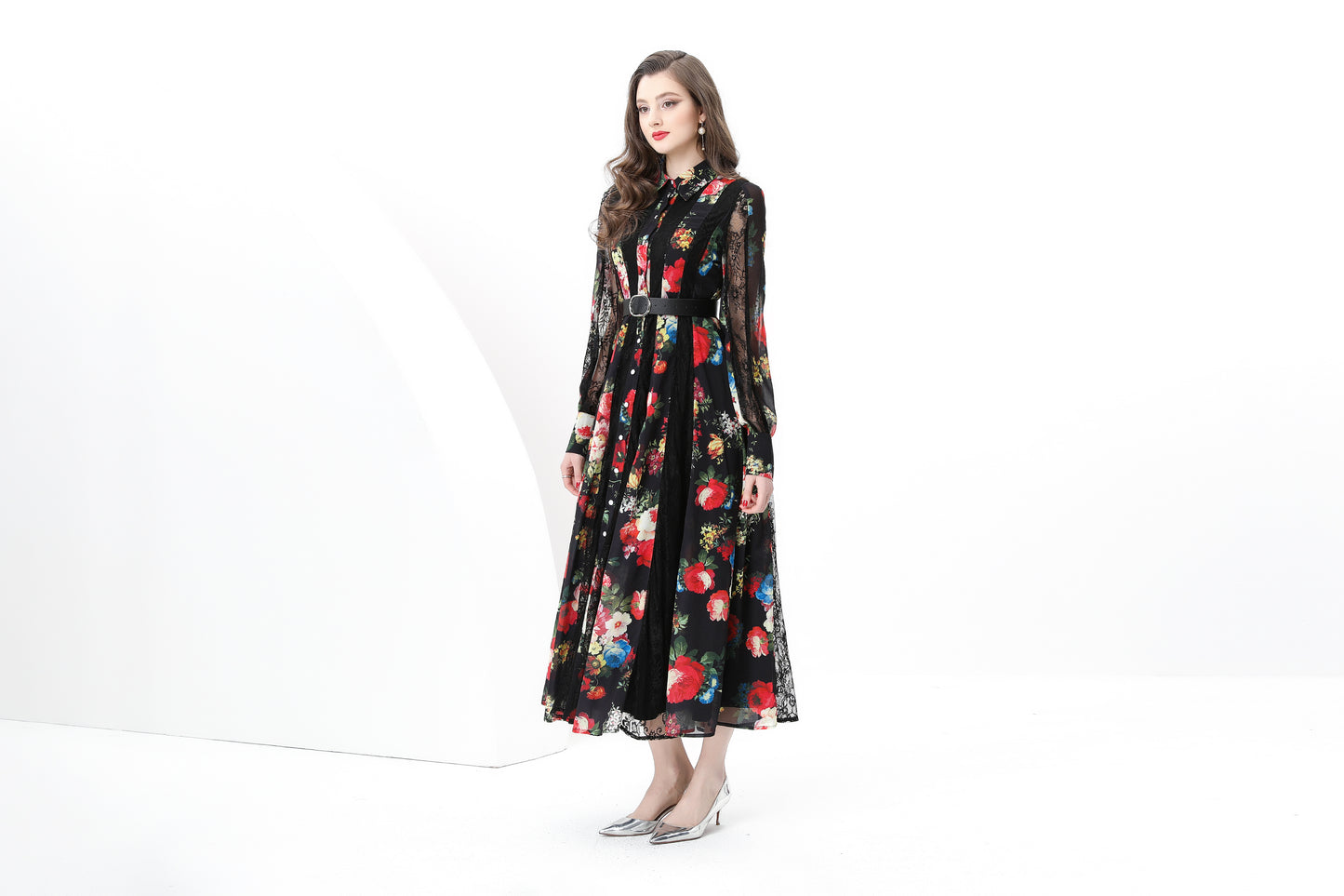 Women's Floral Print Lace Puff Sleeve Maxi Dresses