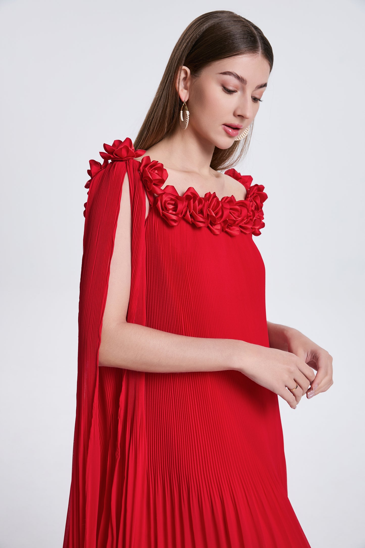 Women's Off Shoulder Chiffon 3D Floral Pleated Maxi Dress