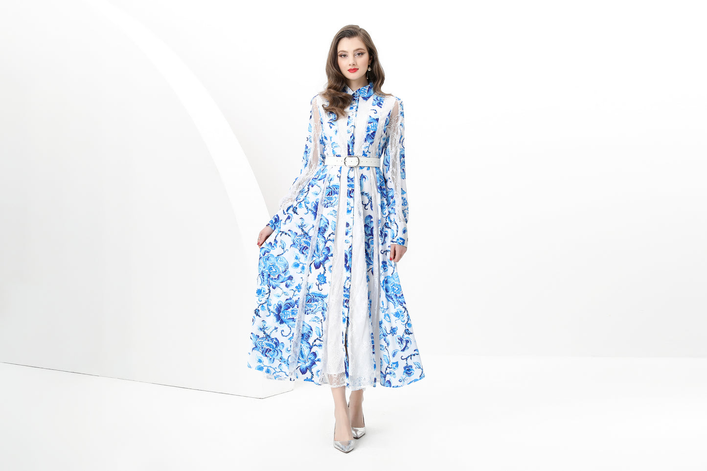 Women's Floral Print Lace Puff Sleeve Maxi Dresses