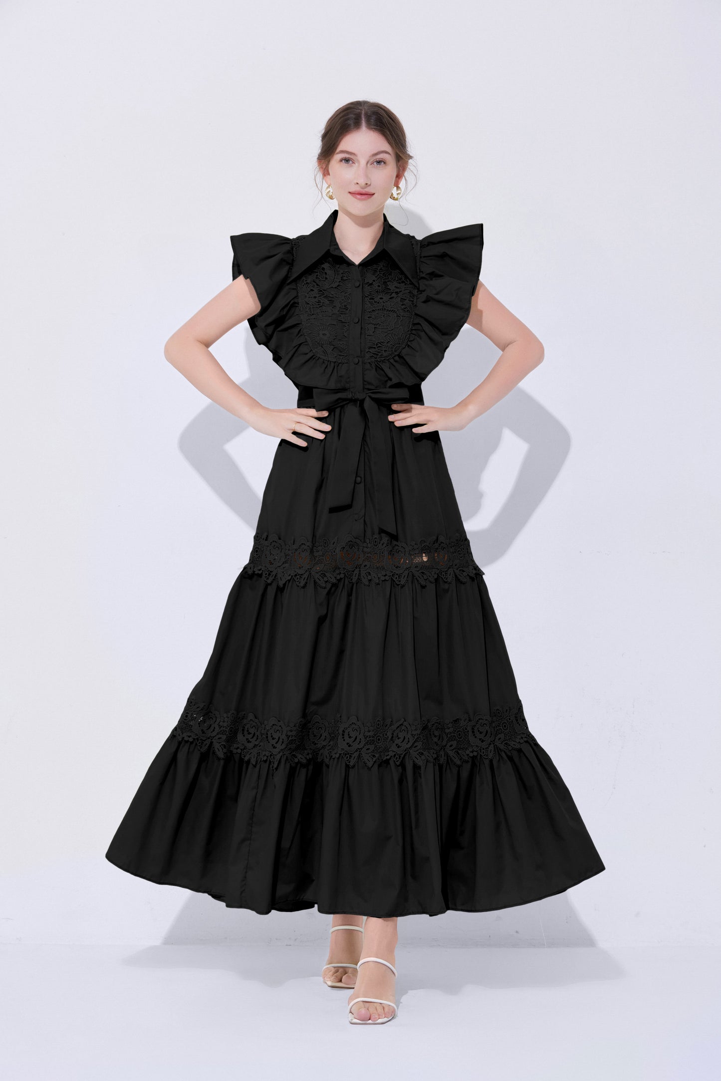 Women's Sleeveless Ruffles Lace Button  Mixi Dress