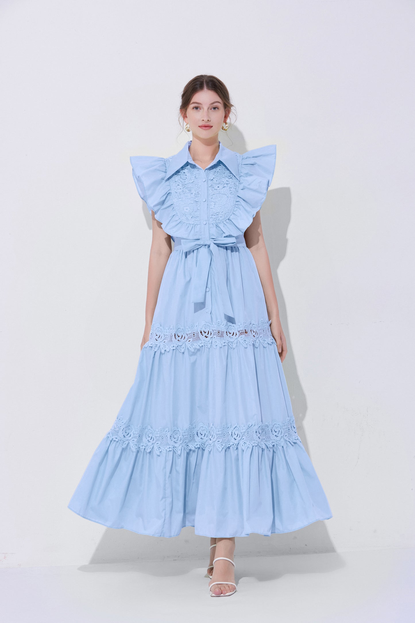 Women's Sleeveless Ruffles Lace Button  Mixi Dress