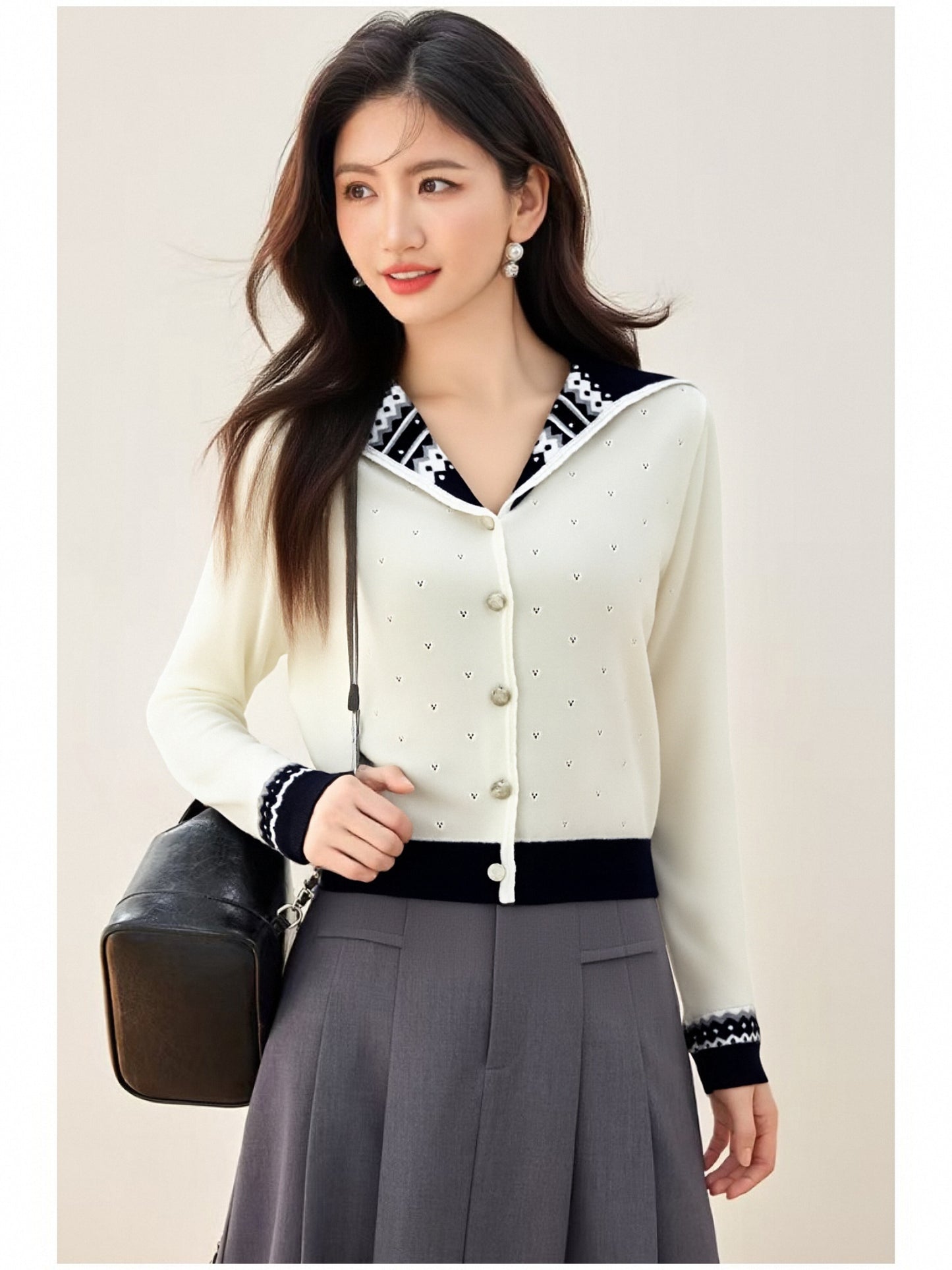 Women's Sailor Collar Long Sleeve Stripe Cardigan Sweater