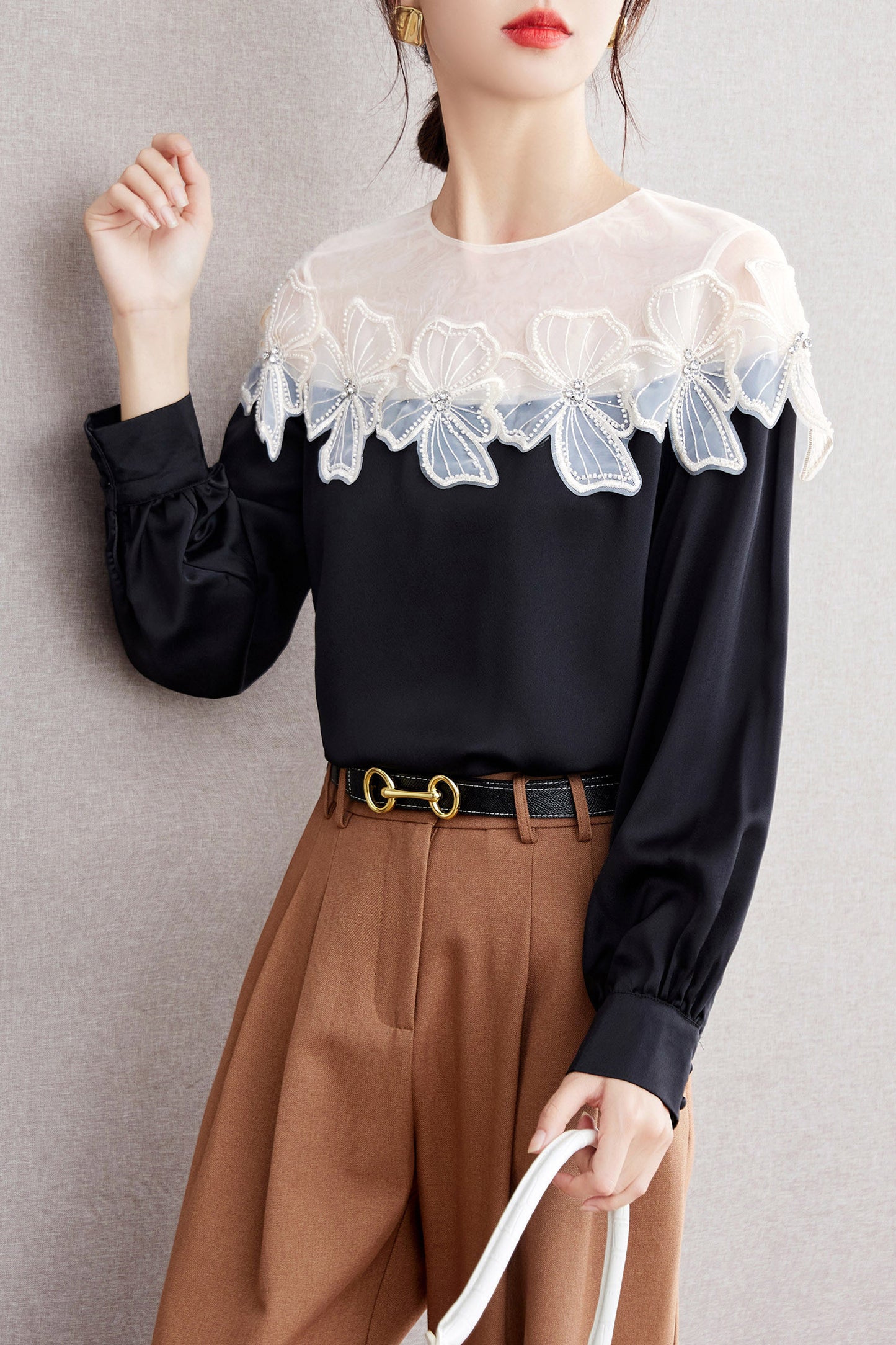 Patchwork Tunic Shirt Print Round Neck Blouse - LAI MENG FIVE CATS