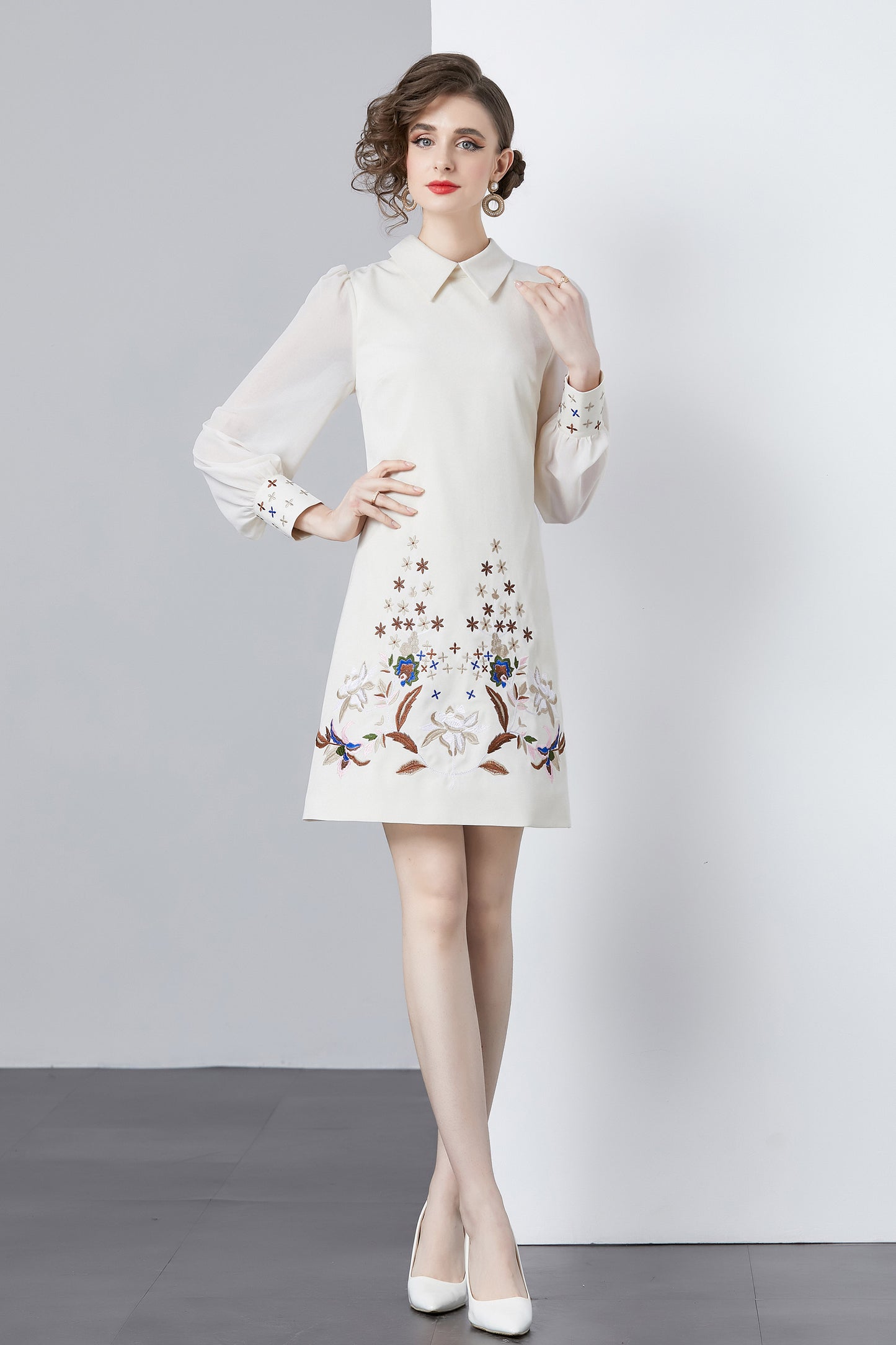 Vintage Women's Elegant Embroidered Hight Neck Mini Dress - LAI MENG FIVE CATS