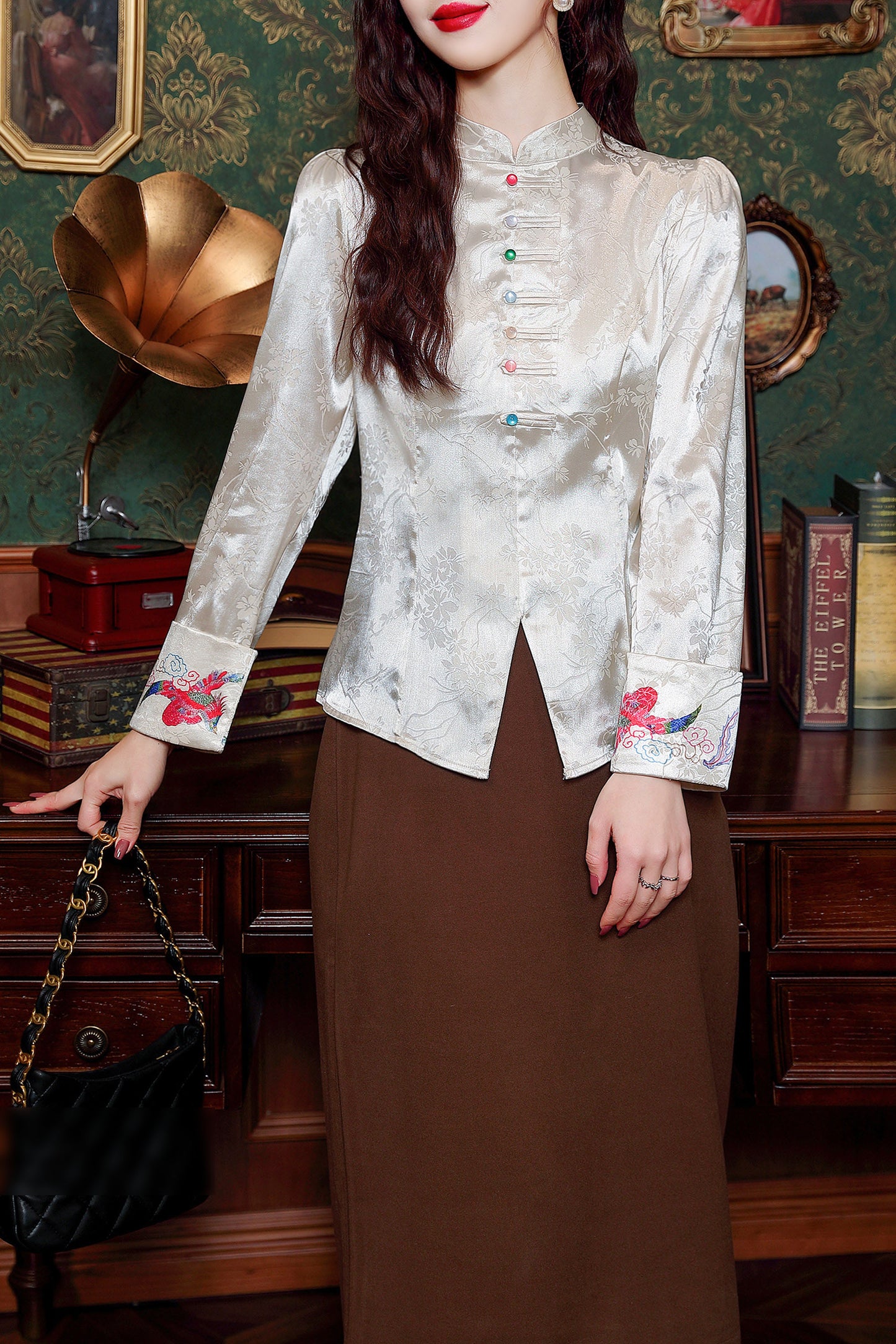 Women's Vintage chinese Silk Satin Top Embroidery Jacquard Blouses - LAI MENG FIVE CATS
