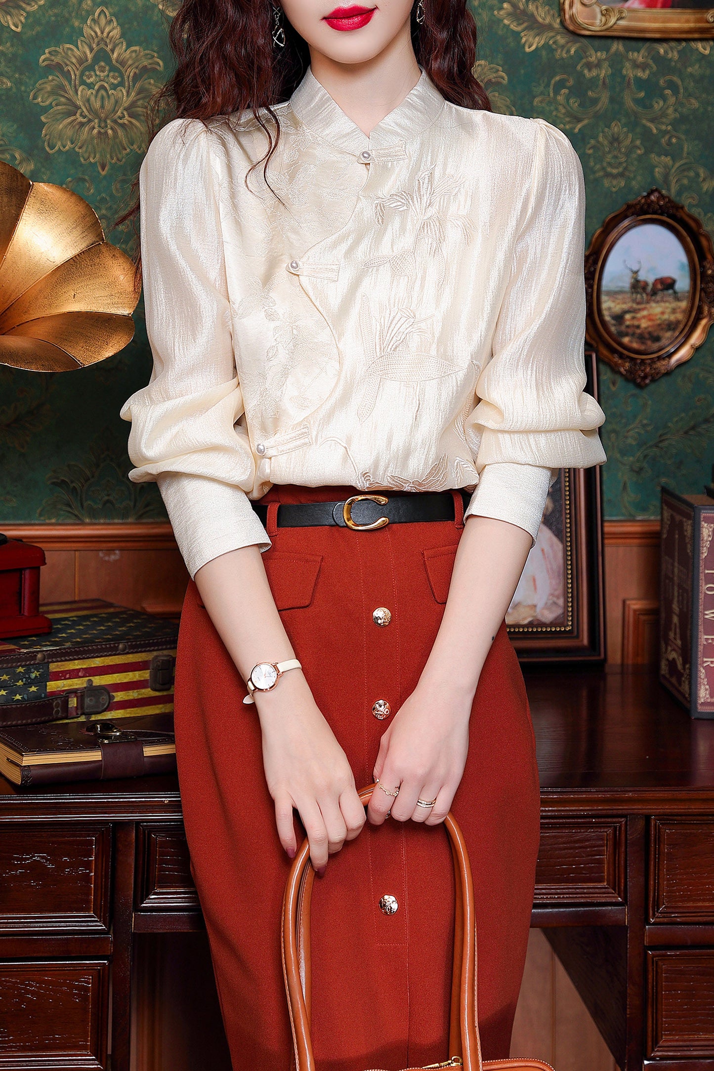Women's Vintage chinese Silk Satin Top Embroidery Jacquard Blouses - LAI MENG FIVE CATS