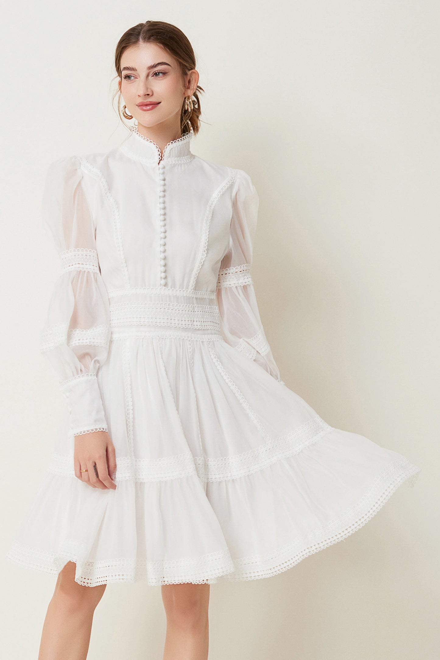 BK-Organza Lace Puff Sleeve Mini Dress