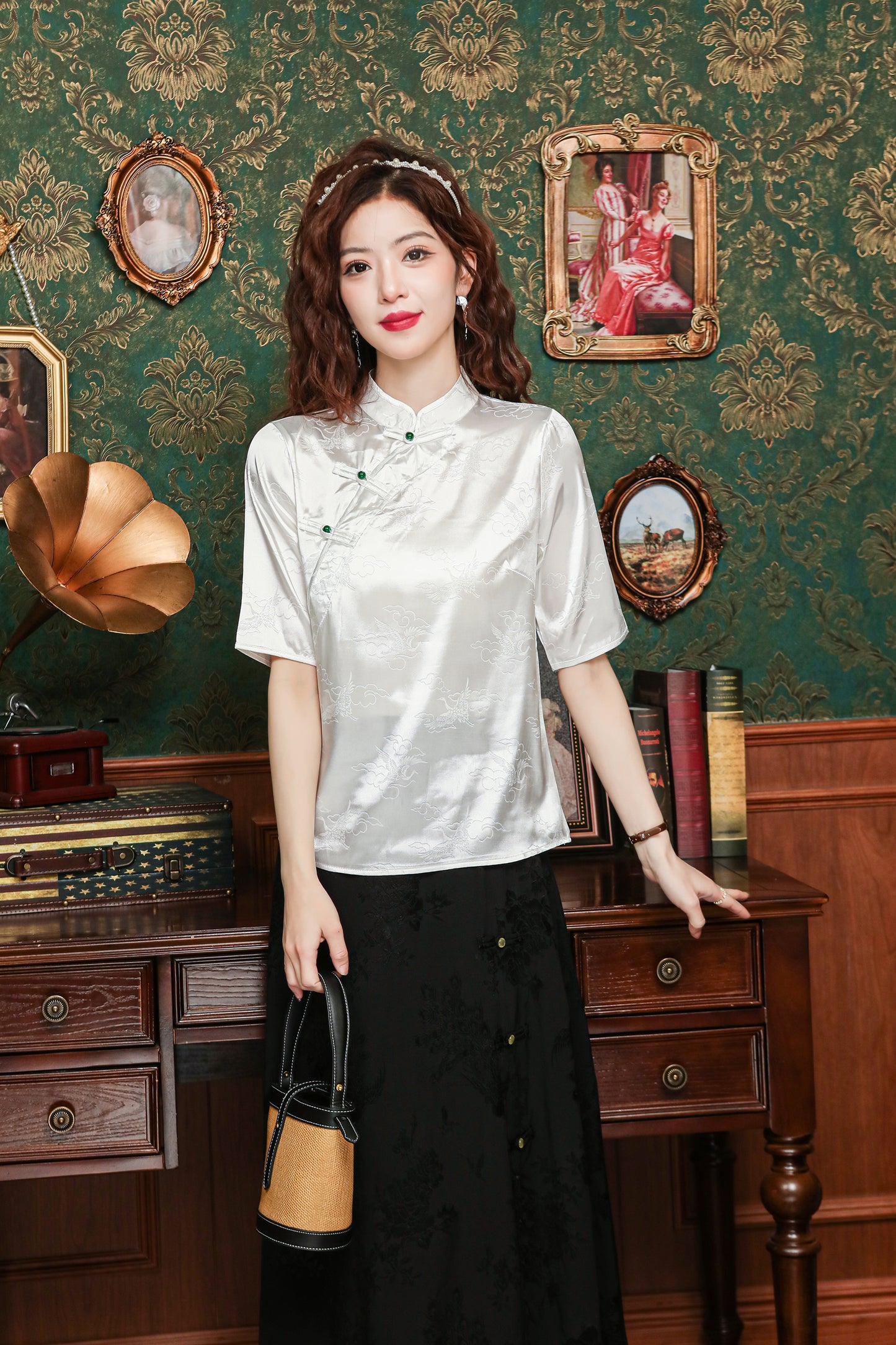 Women's Silk Satin Tops Button Jacquard Blouse