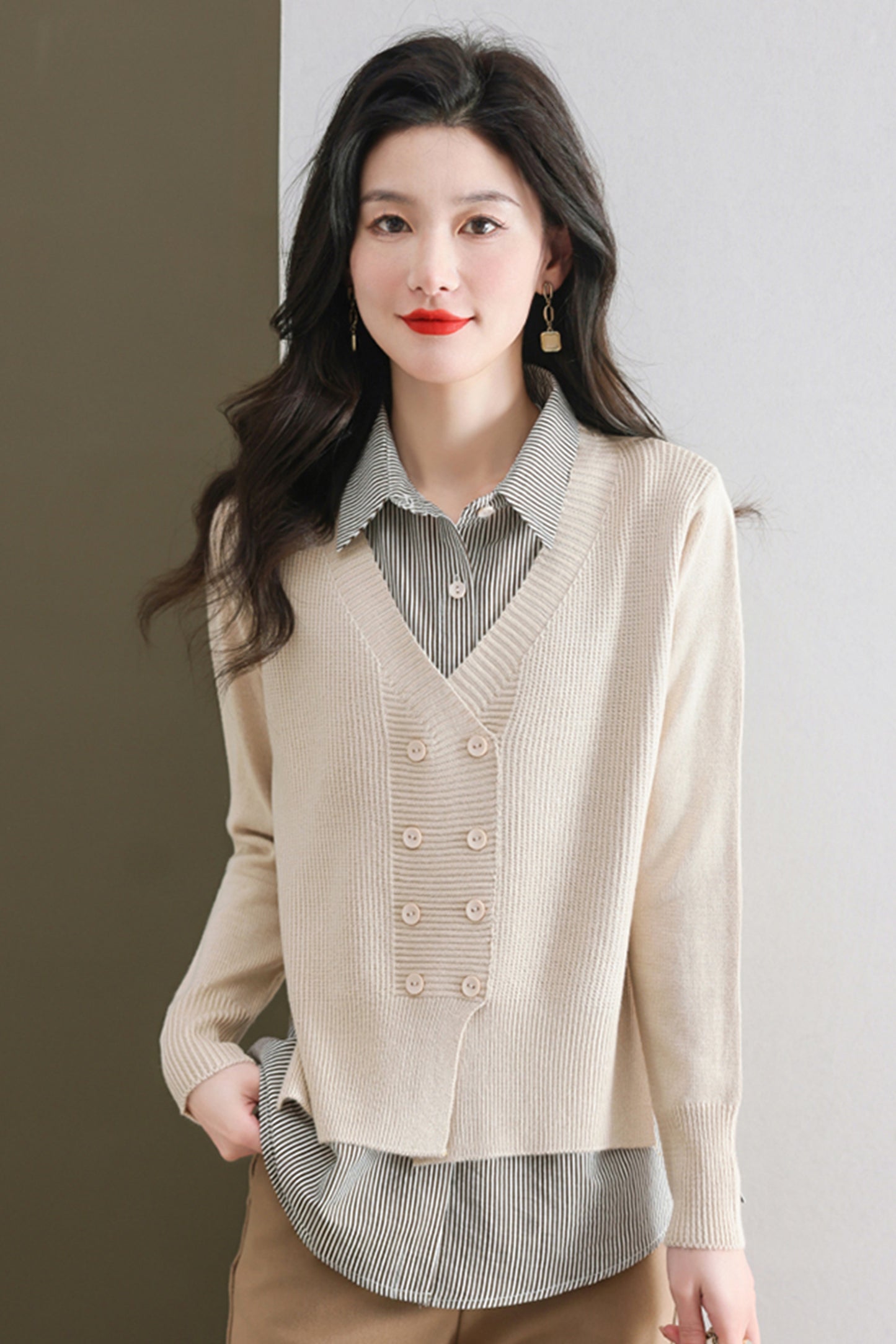 Women's Casual Patchwork Shirt Collar Long Sleeve Cotton Pullover Tops - LAI MENG FIVE CATS