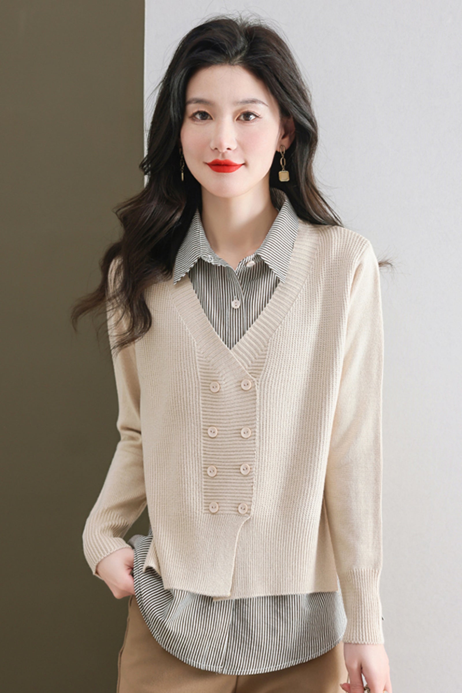 Women's Casual Patchwork Shirt Collar Long Sleeve Cotton Pullover Tops - LAI MENG FIVE CATS