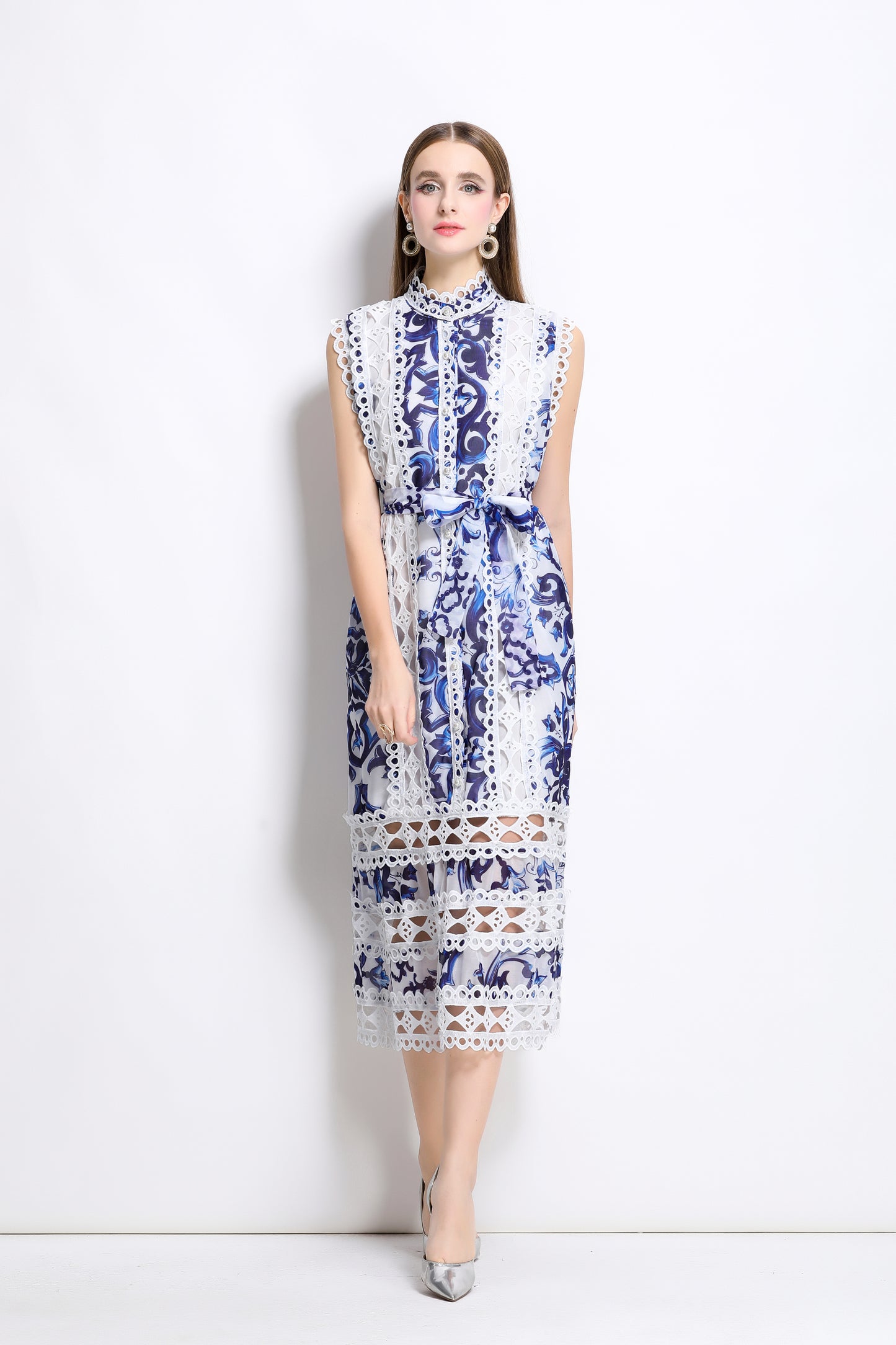 Women's Sleeveless Hollow Out Lace Midi Dress
