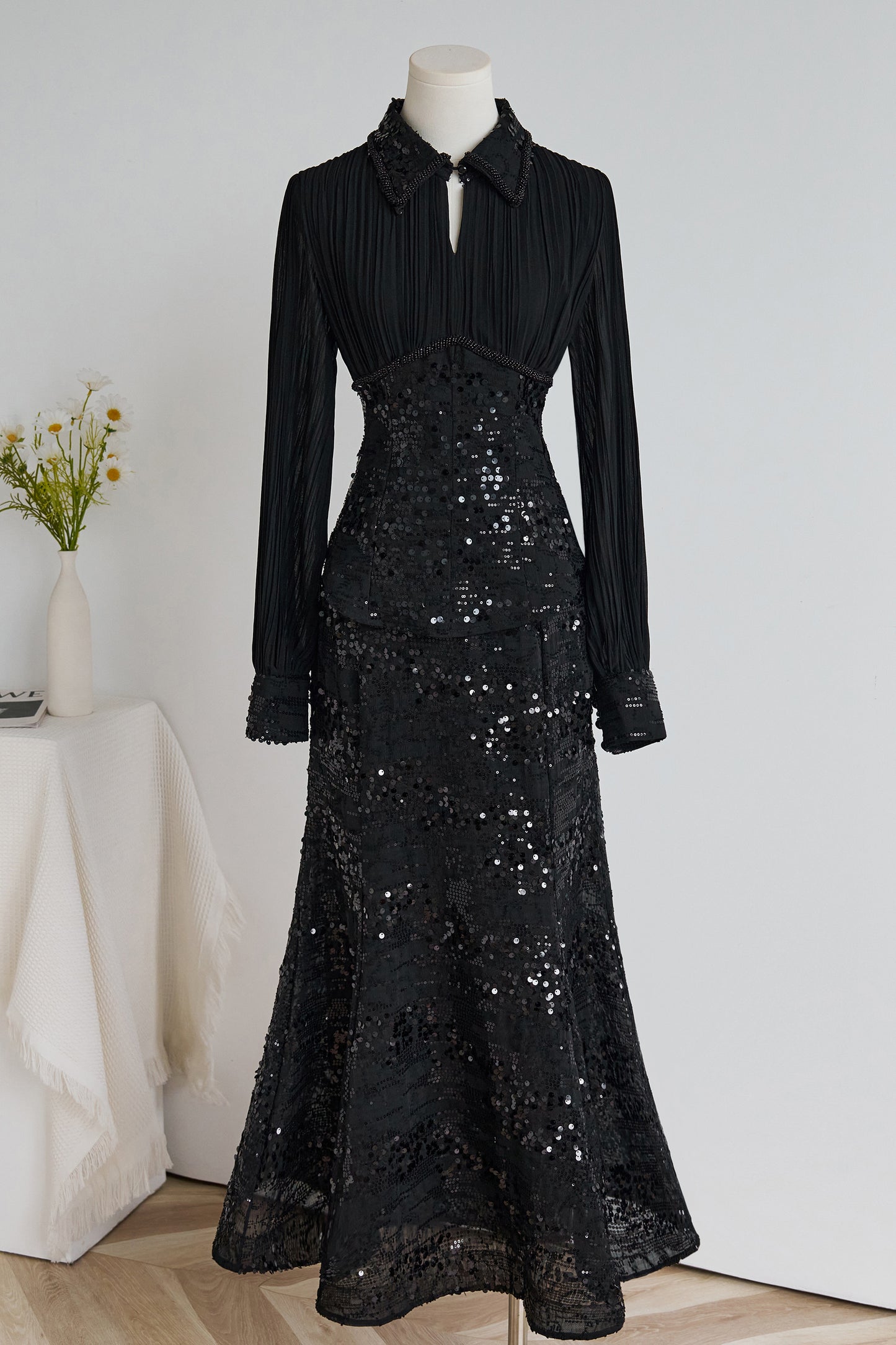 Elegant Long Sleeve Beaded Sequin Mermaid Maxi Dress Set - LAI MENG FIVE CATS