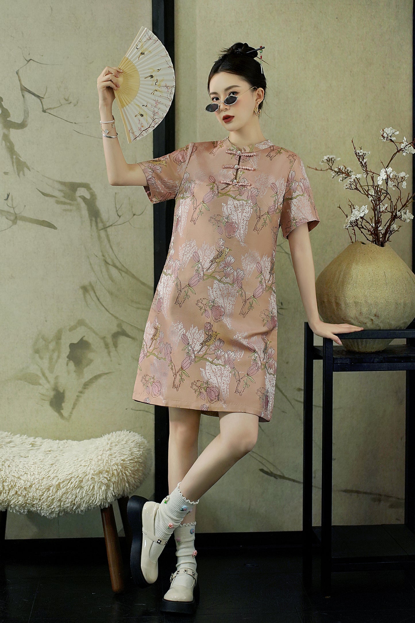 Women's Chinese Cheongsam Print Side Slit Mini Dress