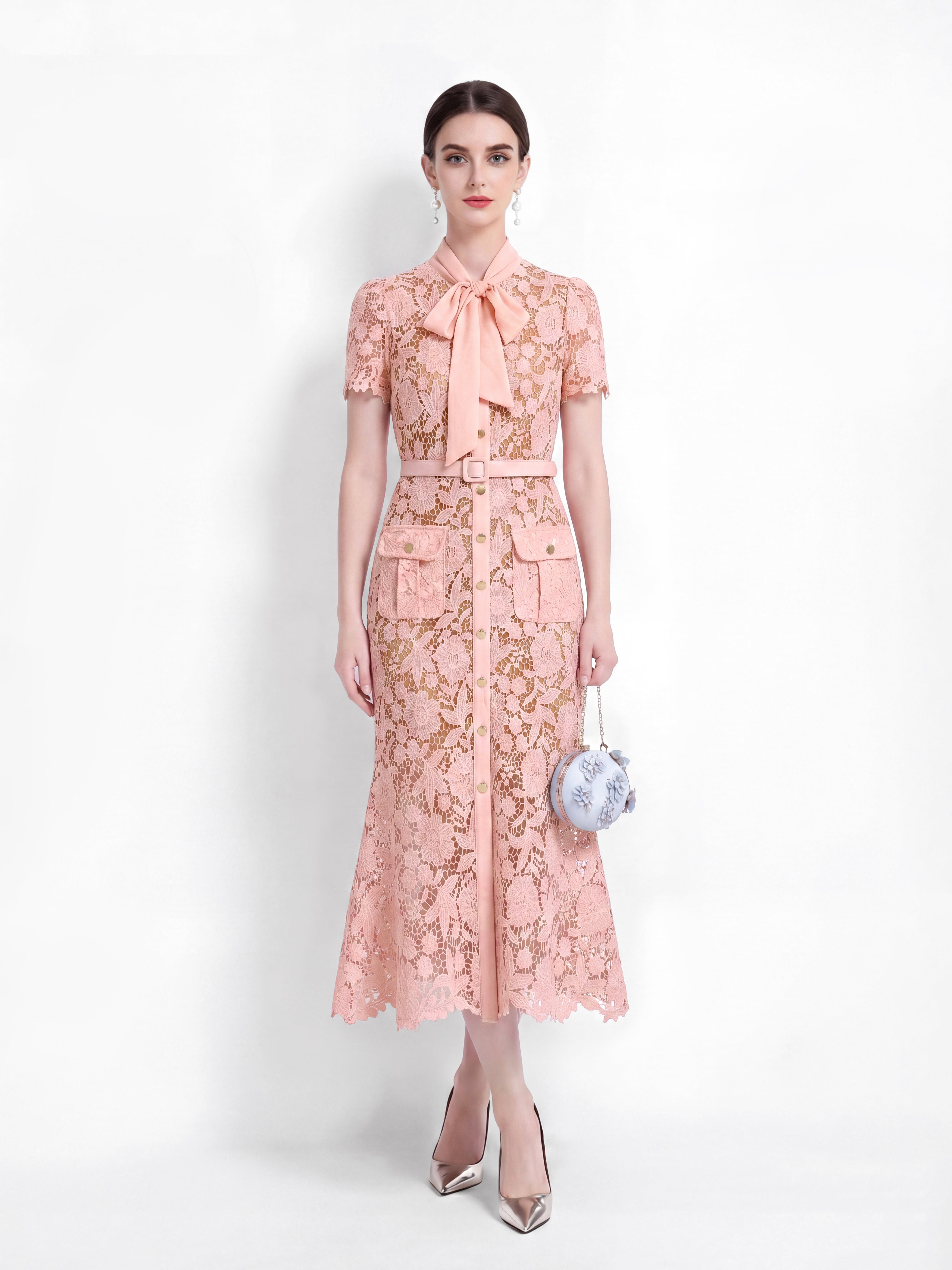 Blush Pink Lace Midi Dress With Pockets LAI MENG FIVE CATS Blush Pink Lace Midi Dress With Pockets LAI MENG FIVE CATS
