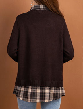 Women's V Neck Plaid Layered Look Knit Pullover Tops