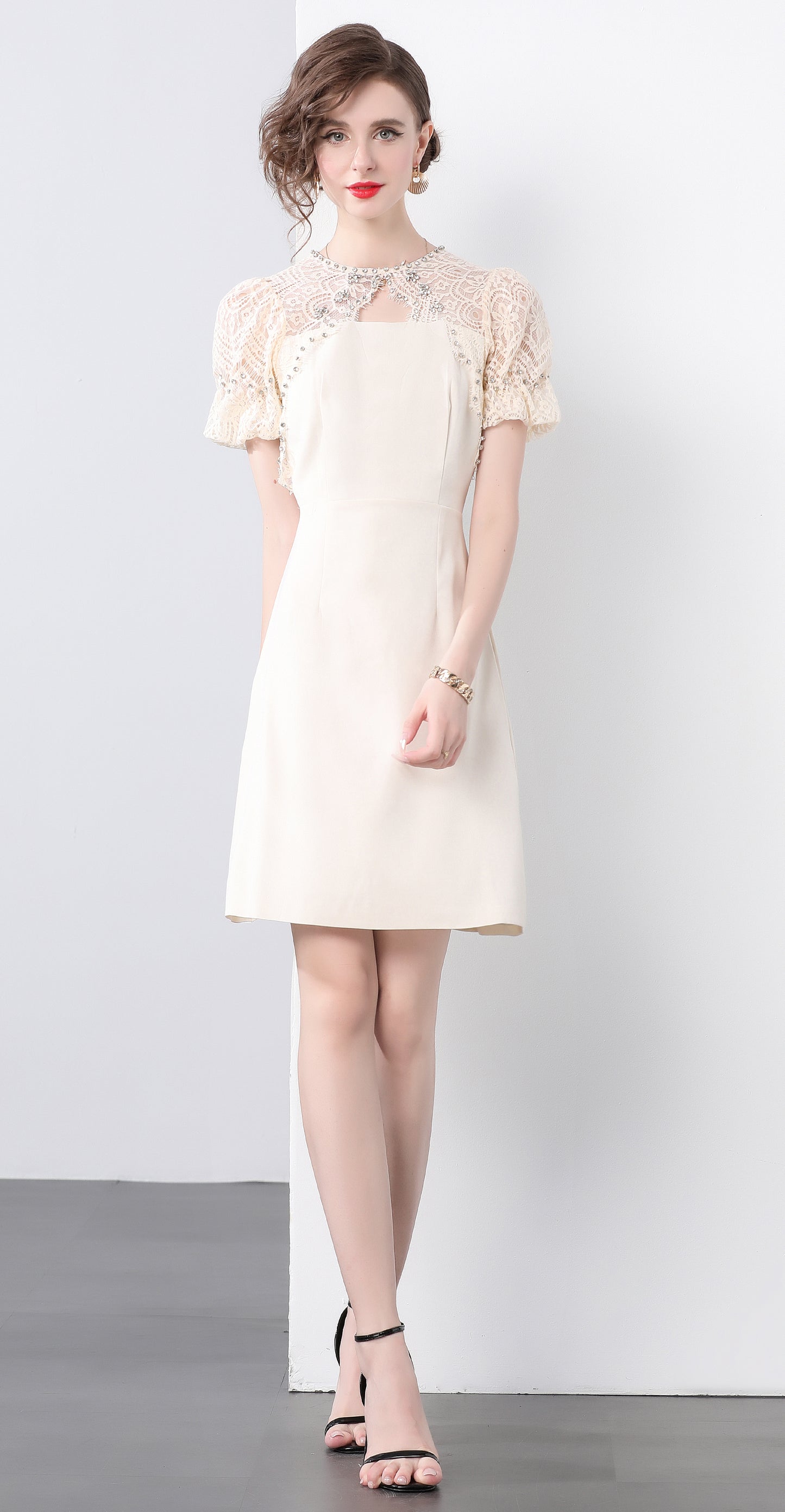 Ivory Beaded Lace Puff Sleeve Dress - LAI MENG FIVE CATS