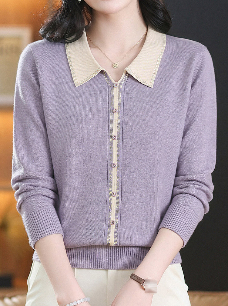 Chic Contrast Collar Knit Sweater Long Sleeve Pullover Top