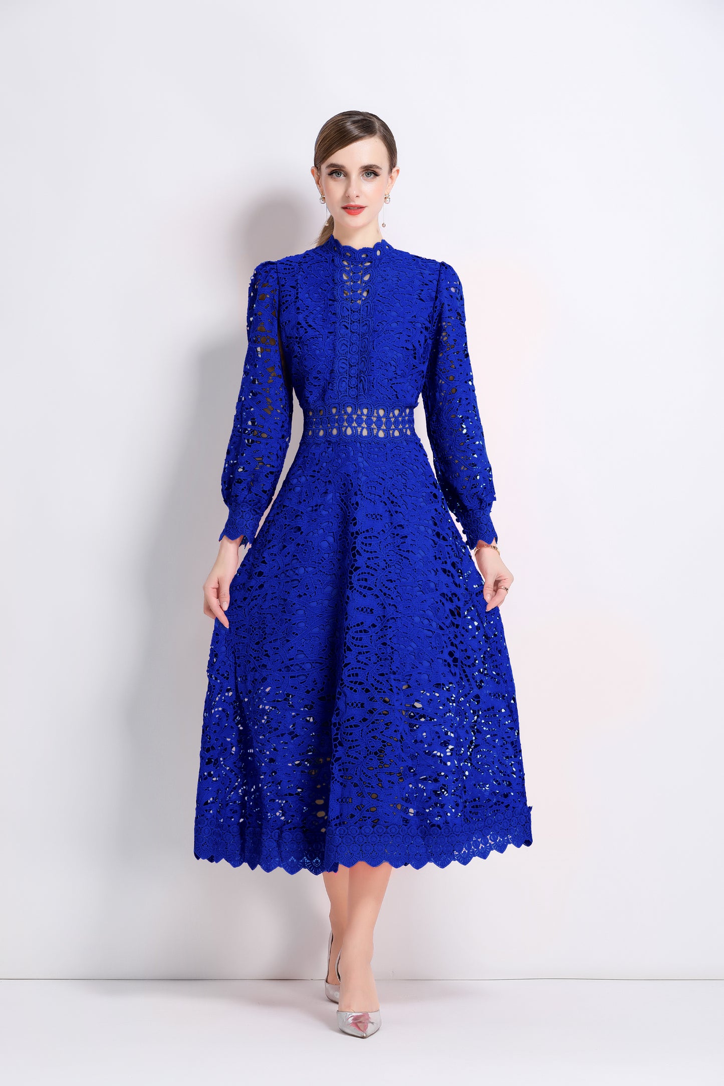 Women's Puff Long Sleeve Hollow Lace Maxi Dress