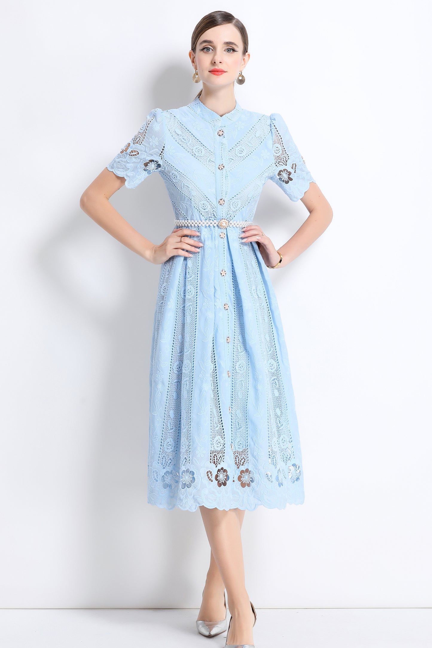 Women's  Hollow Out Short Sleeve Lace Midi Dress