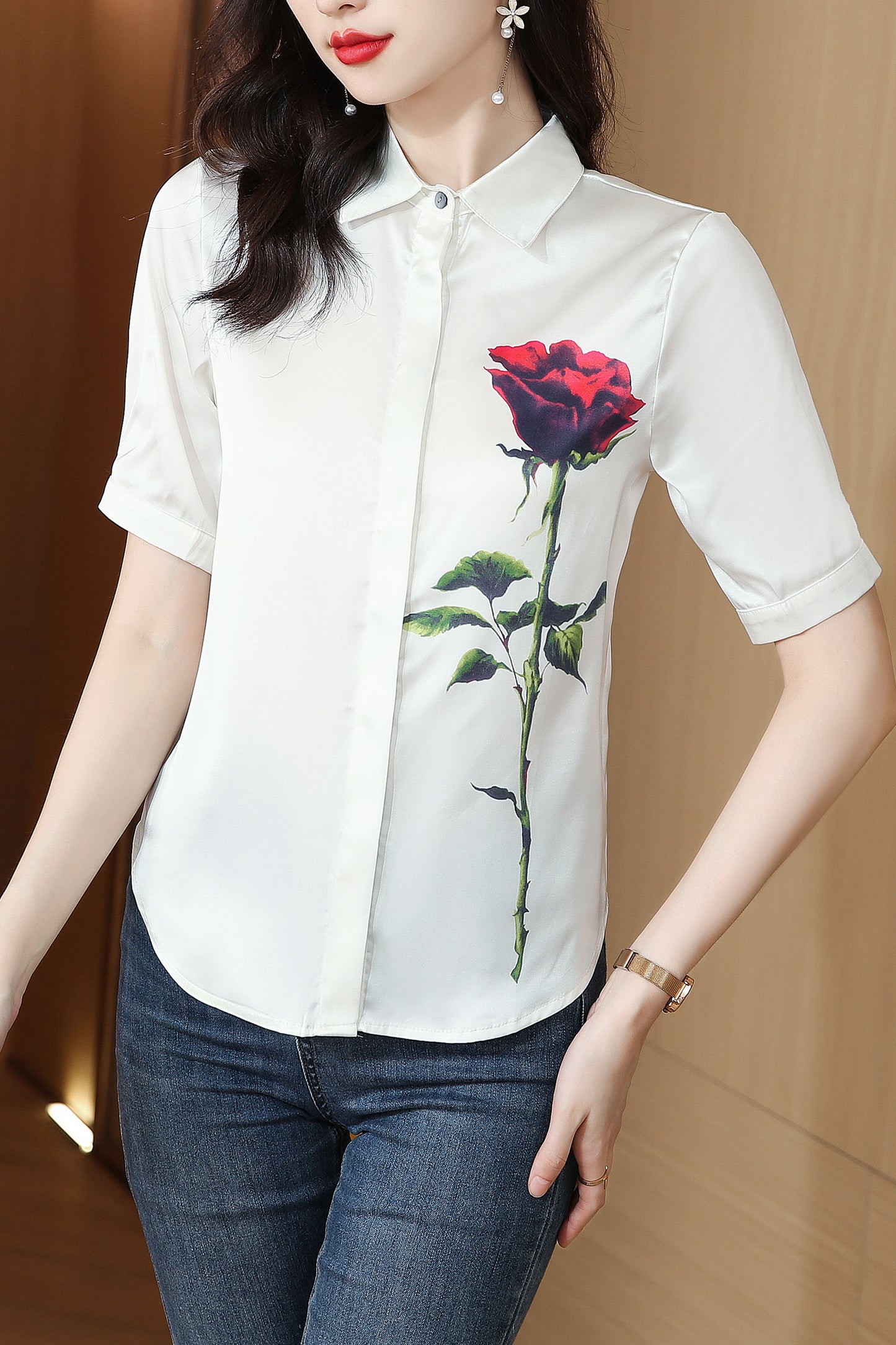 Women's Collared Floral Print Blouse Short Sleeve Tops