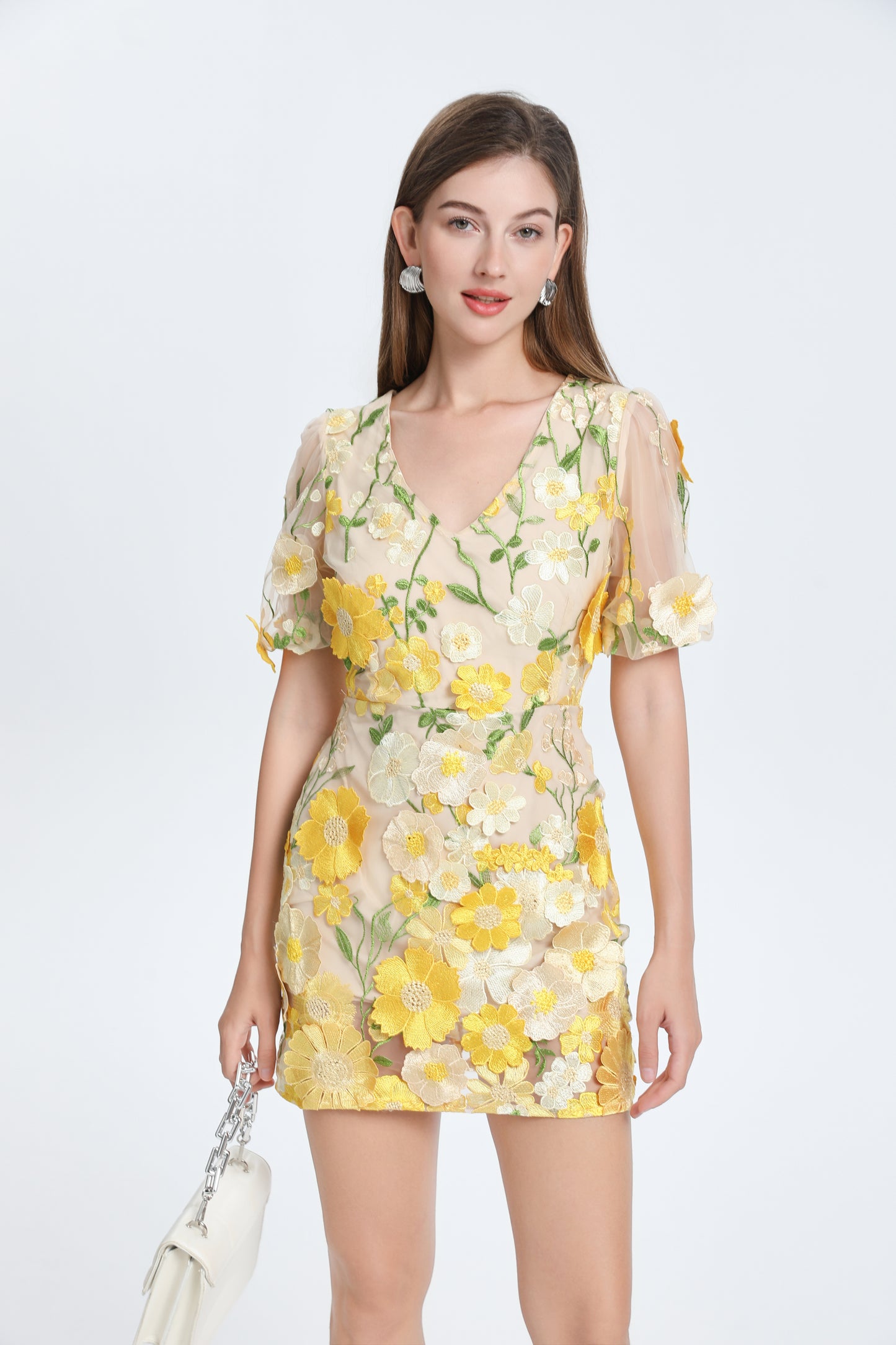 Women's 3D Floral V-Neck Lace Mesh Mini Dress