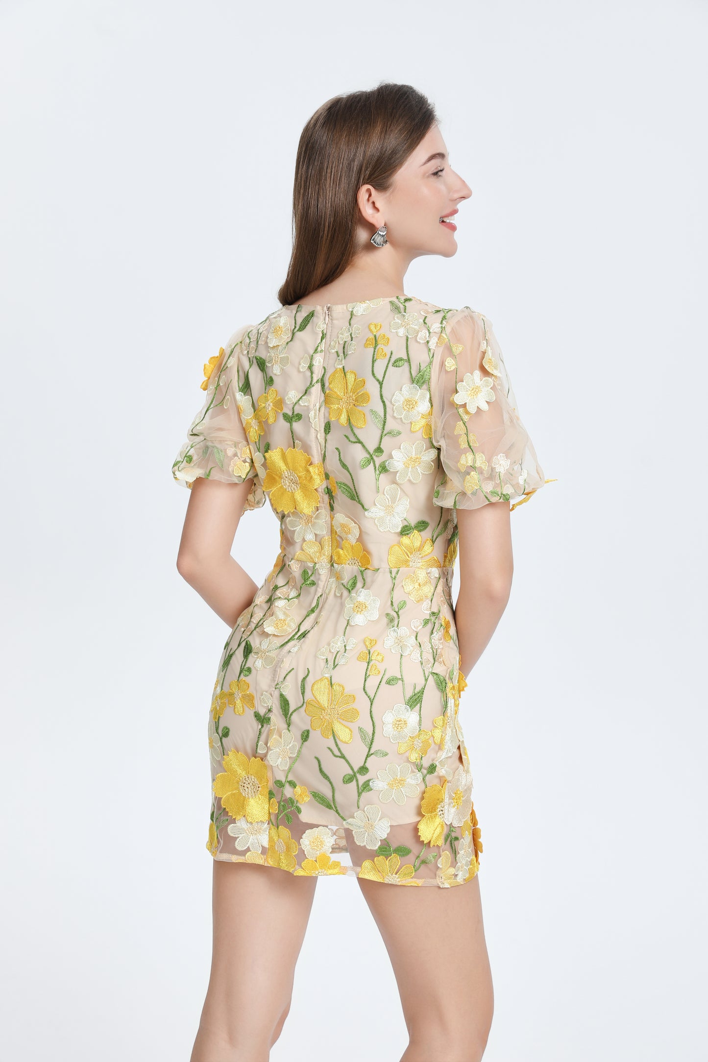 Women's 3D Floral V-Neck Lace Mesh Mini Dress