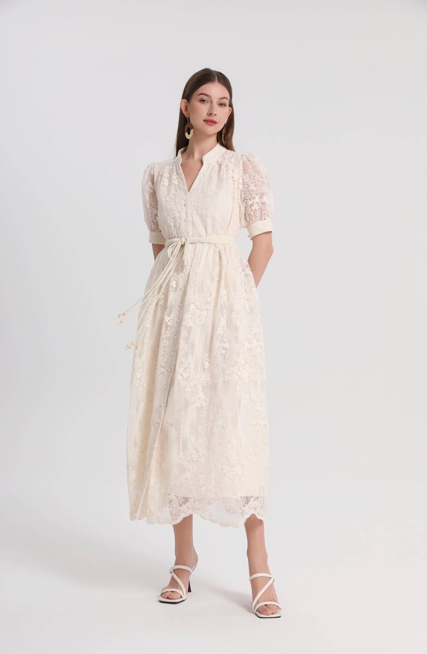 Women'sTulle Embroidery V-Neck Lace Midi Dress