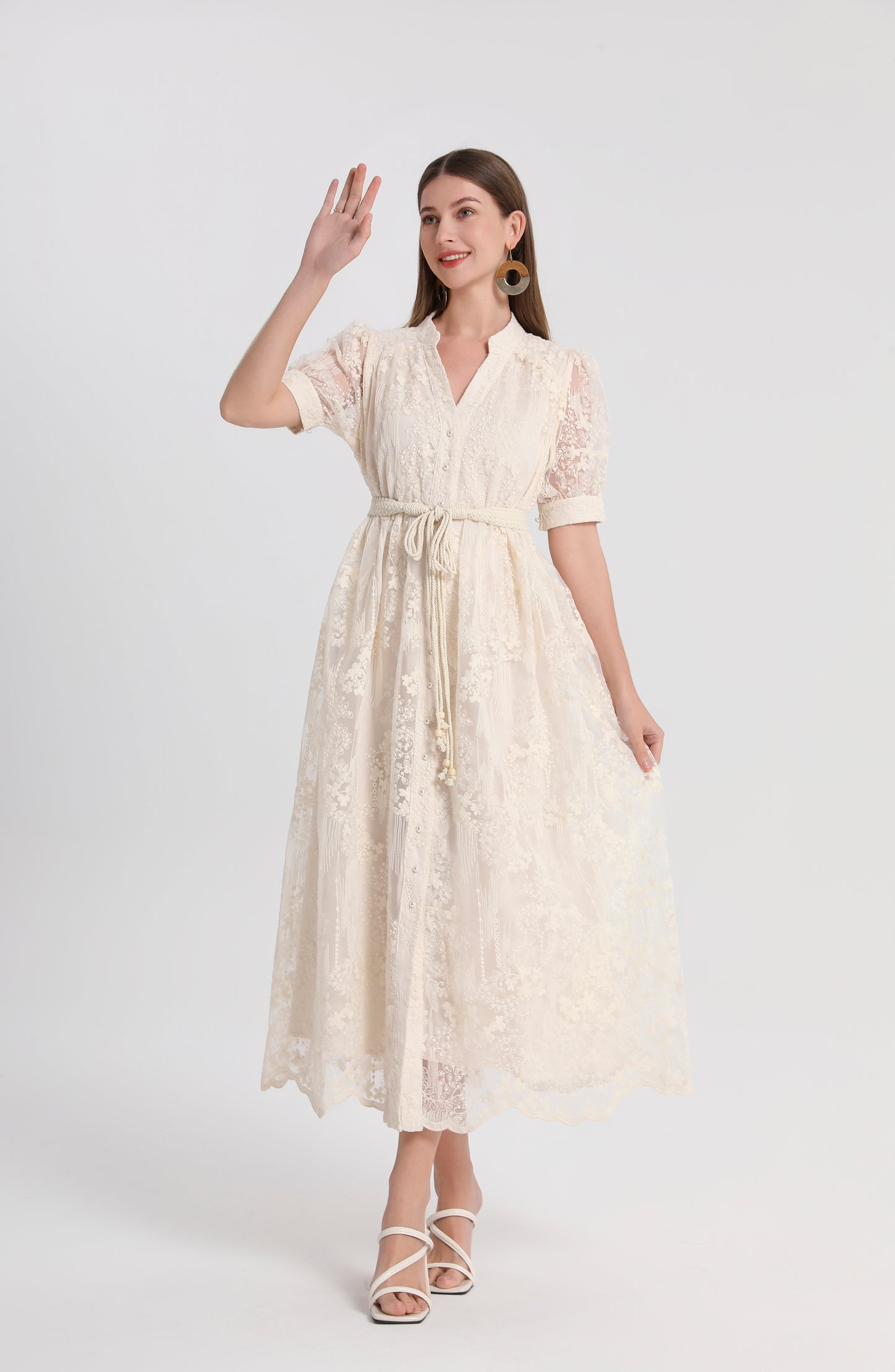 Women'sTulle Embroidery V-Neck Lace Midi Dress