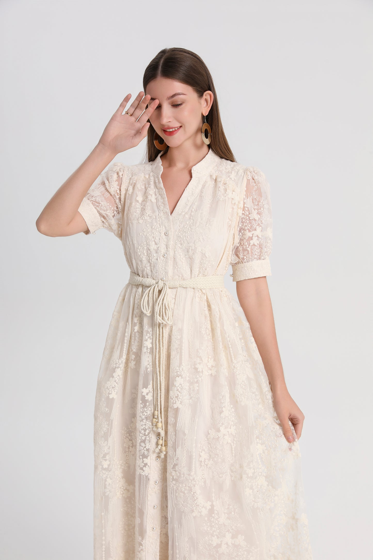 Women'sTulle Embroidery V-Neck Lace Midi Dress