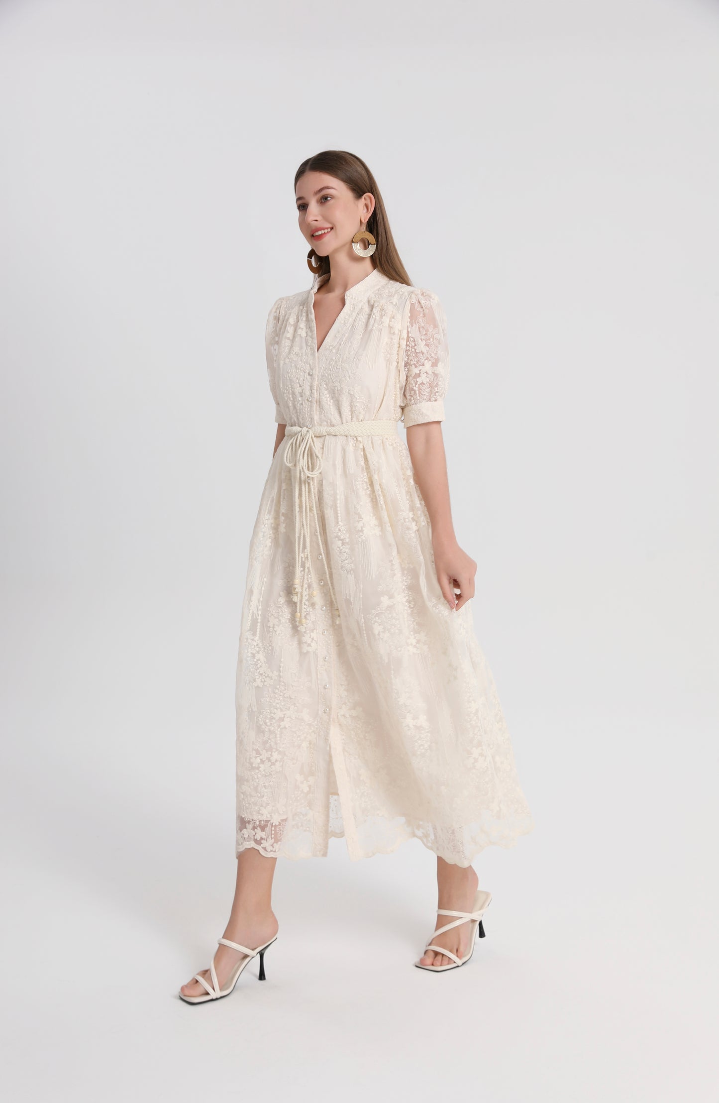 Women'sTulle Embroidery V-Neck Lace Midi Dress